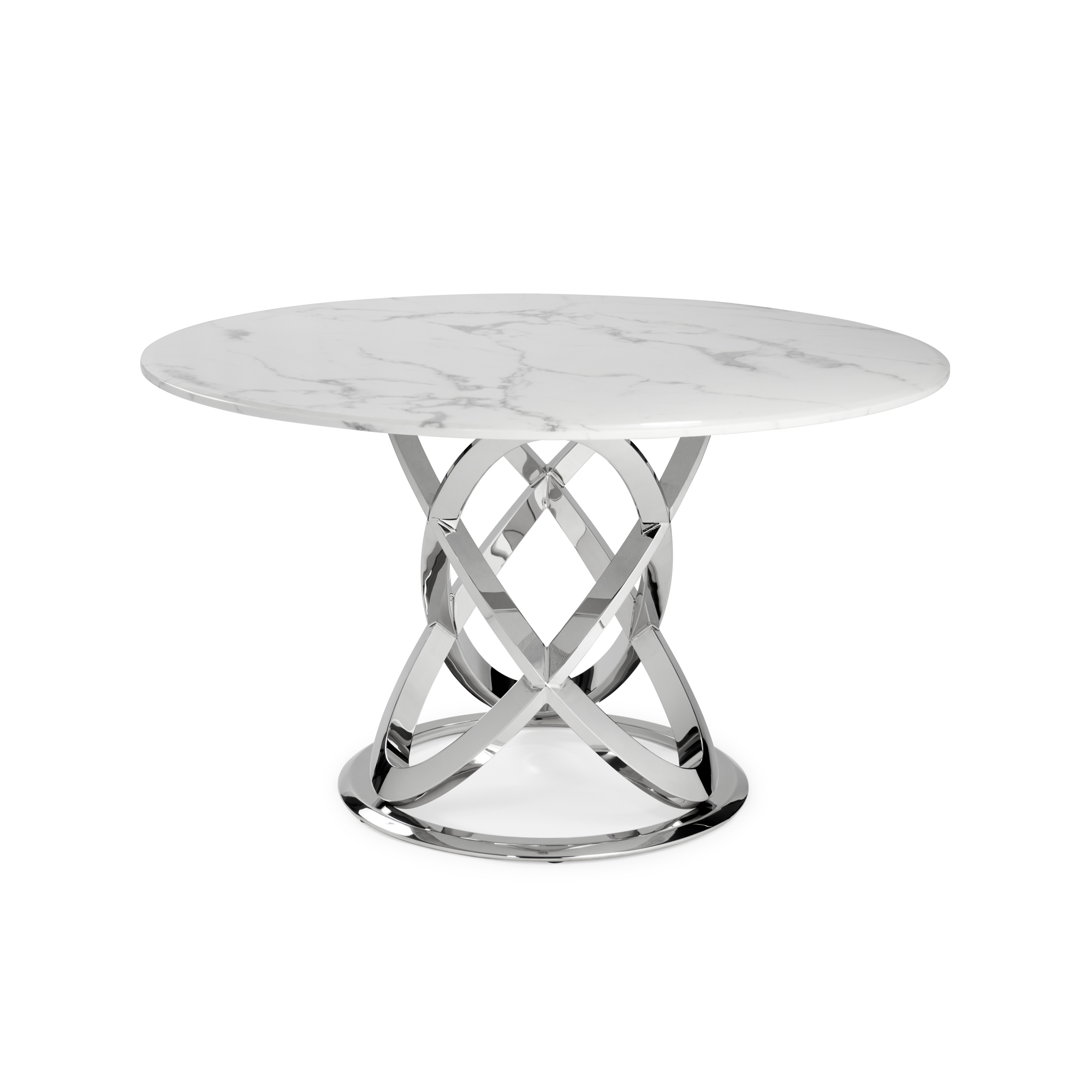 1.3M Pedestal Polished Circular Stainless Steel Dining Table with White Marble Effect