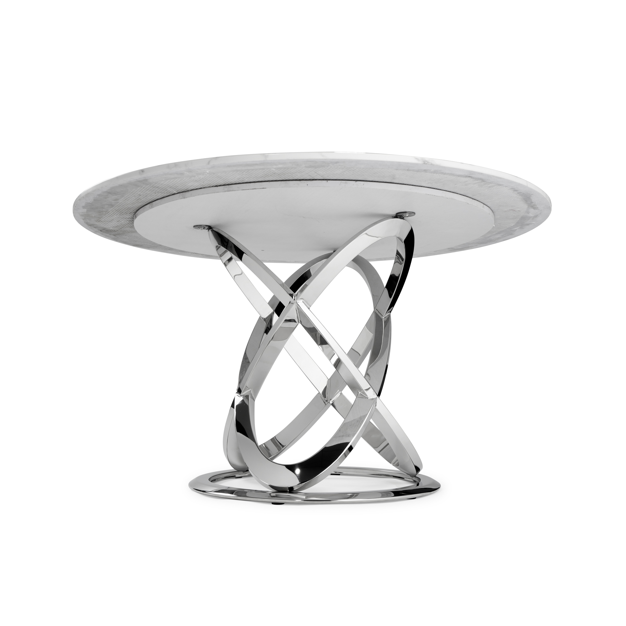 1.3M Pedestal Polished Circular Stainless Steel Dining Table with White Marble Effect