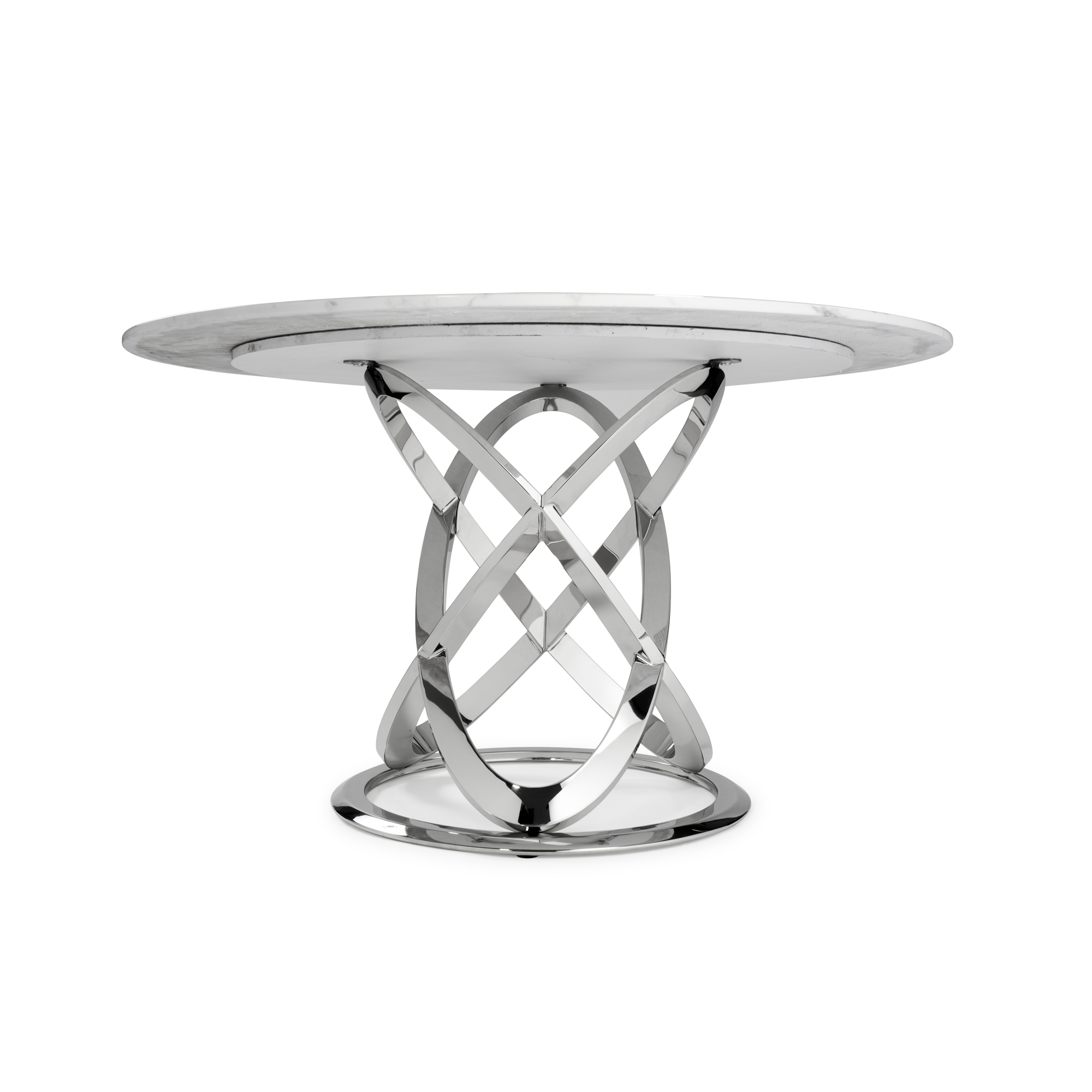 1.3M Pedestal Polished Circular Stainless Steel Dining Table with White Marble Effect