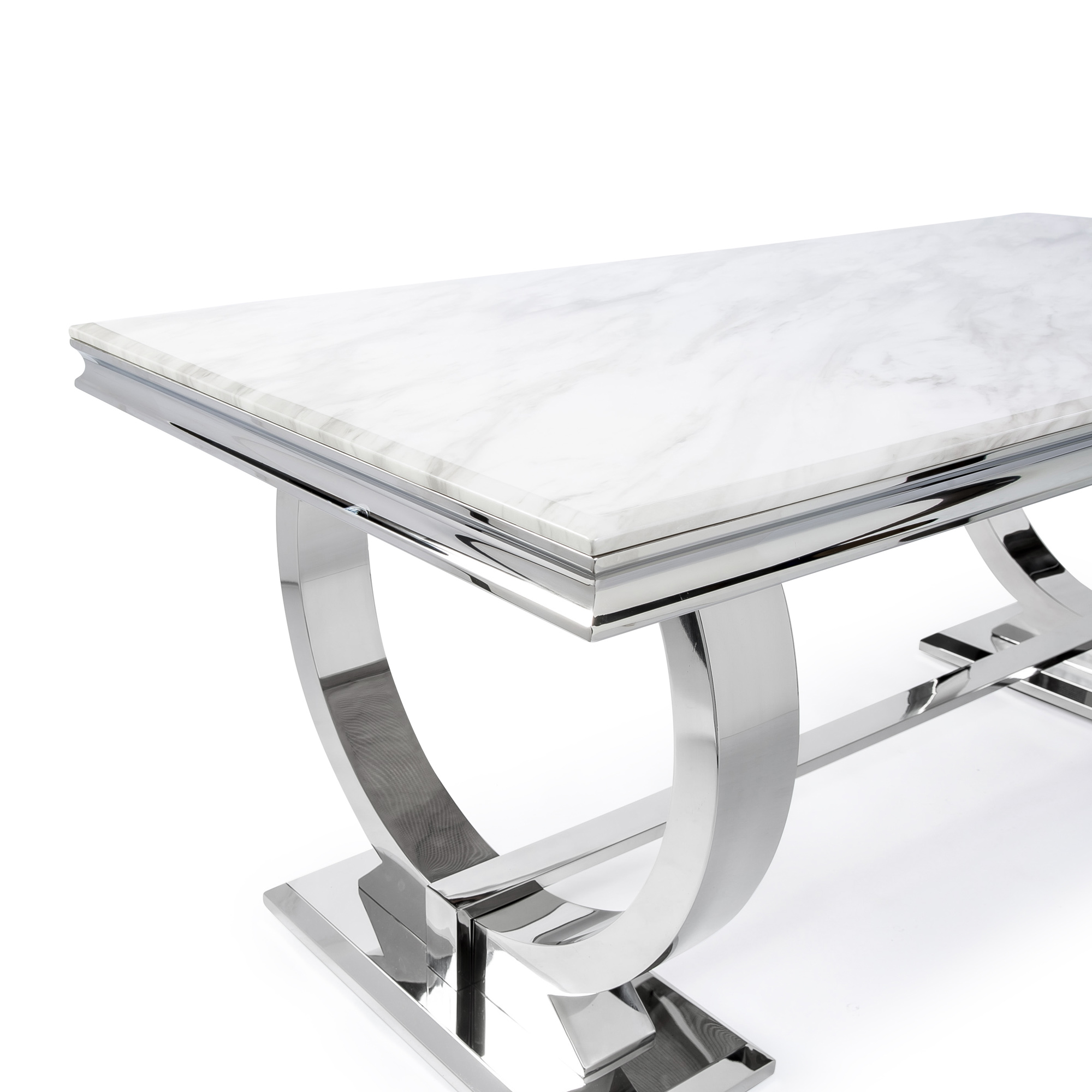 Siena 1.8m White Marble & Steel Dining Table with 4 Dove Grey Hale Brushed Velvet Dining Chairs