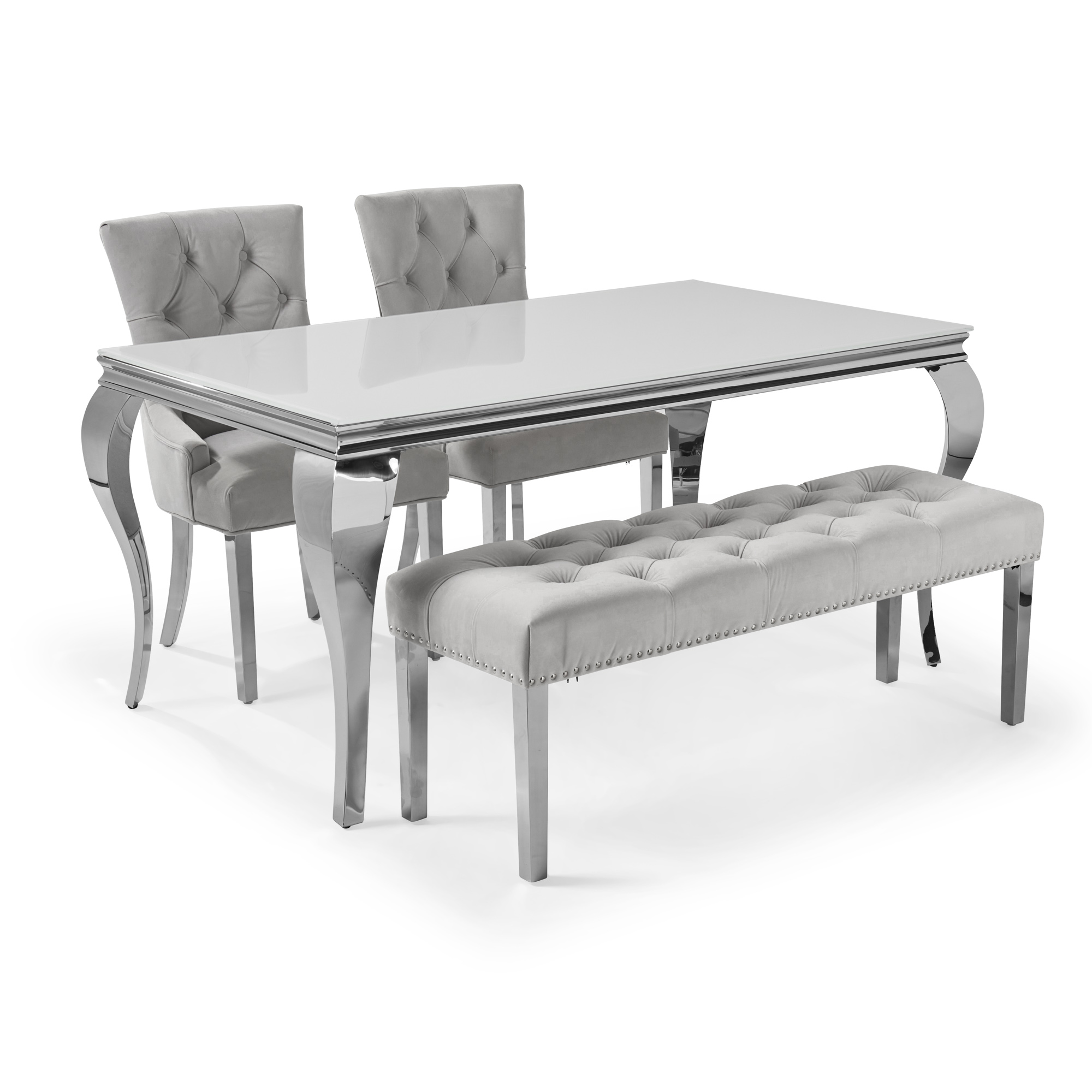 1.6m Louis Polished Steel Dining White Glass Table Set with 2 Truro Dining Chairs and Bench in Light Grey