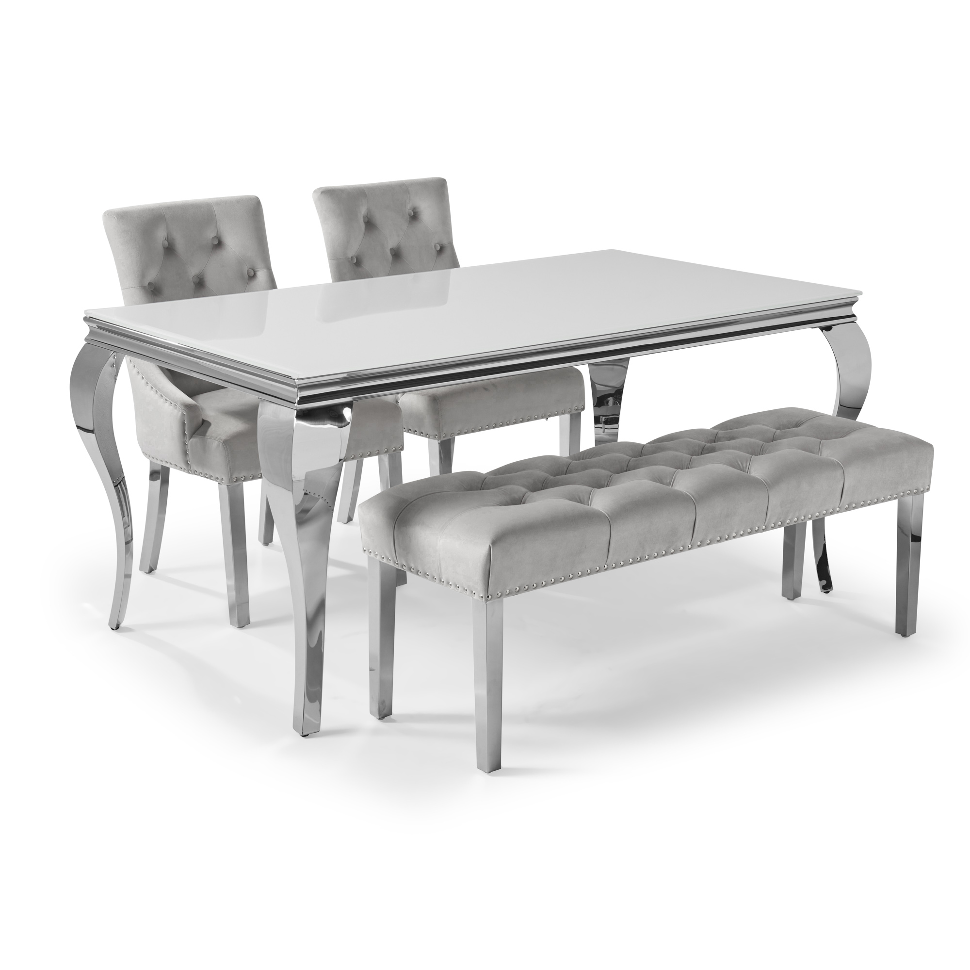 1.6m Louis Polished Steel Dining White Glass Table Set with 2 Chelsea Dining Chairs and Bench in Light Grey