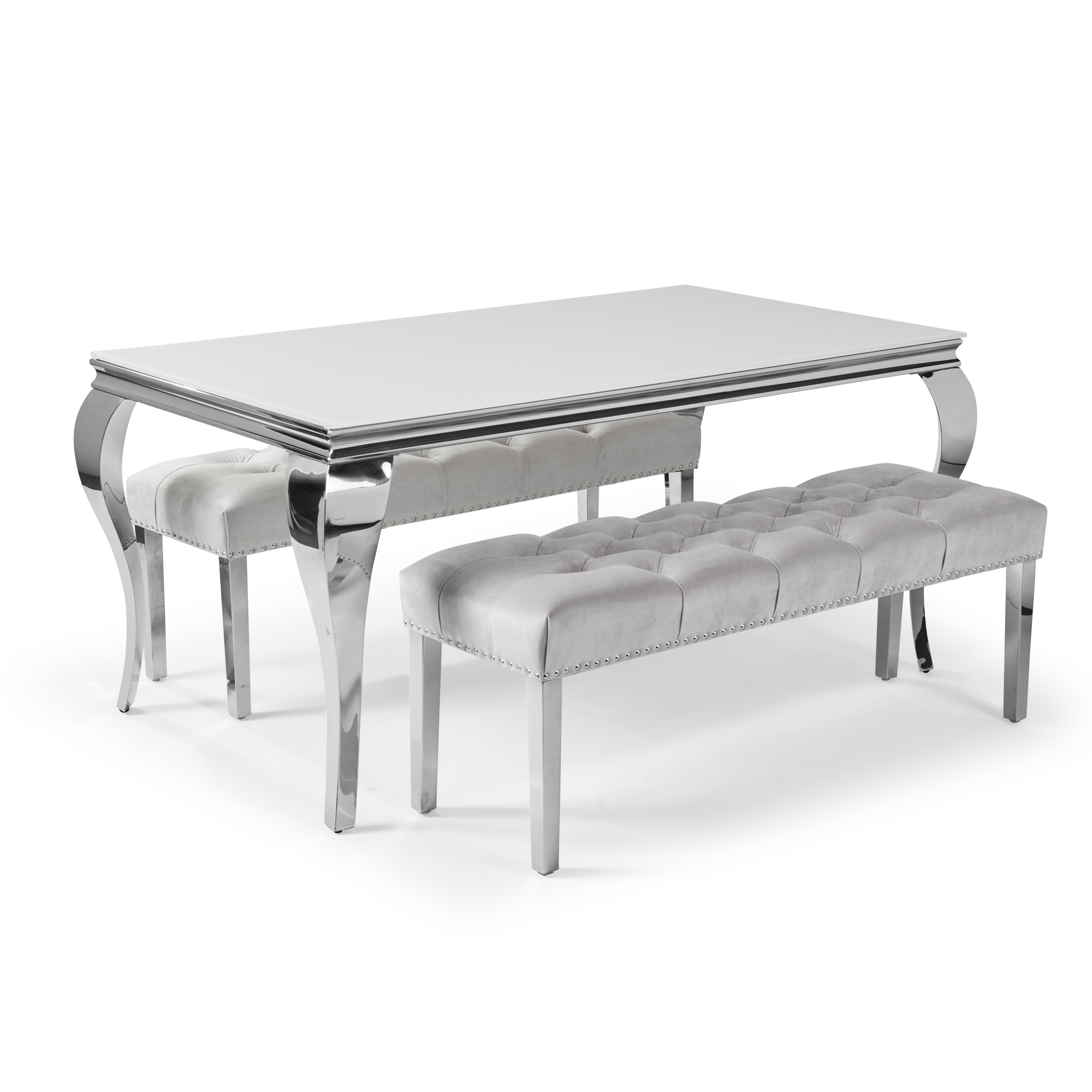 1.6m Louis Polished Steel Dining White Glass Table & Dining Bench Set