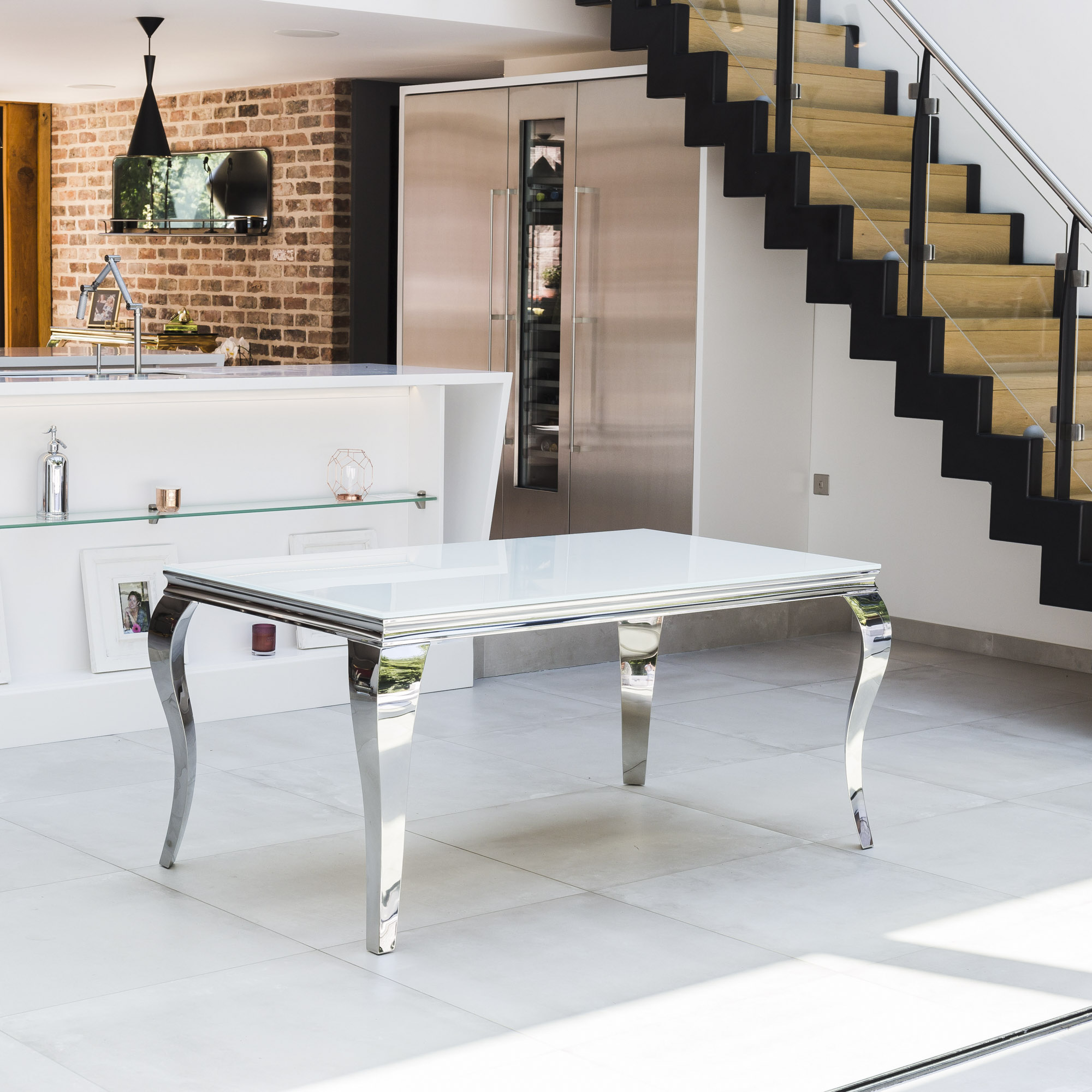 1.6m Louis Polished Stainless Steel & White Glass Dining Table