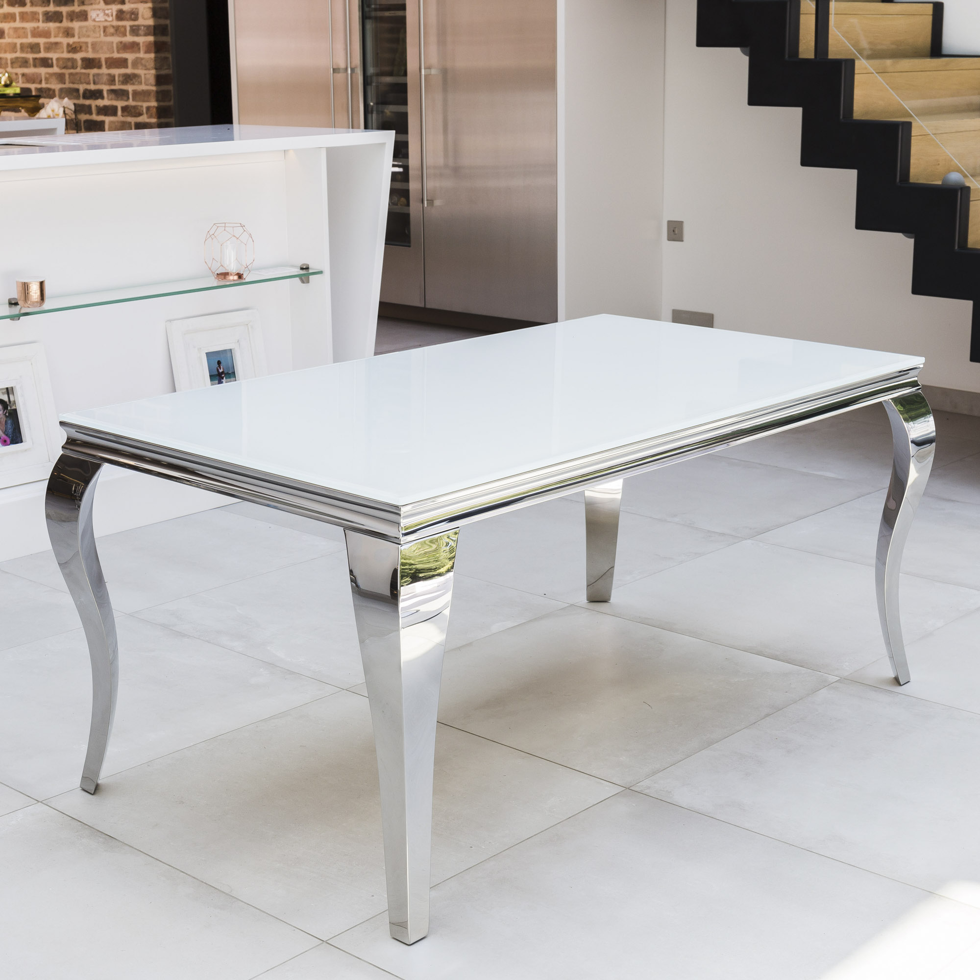 1.8m Louis White Glass Top Dining Table With Polished Stainless Steel Frame