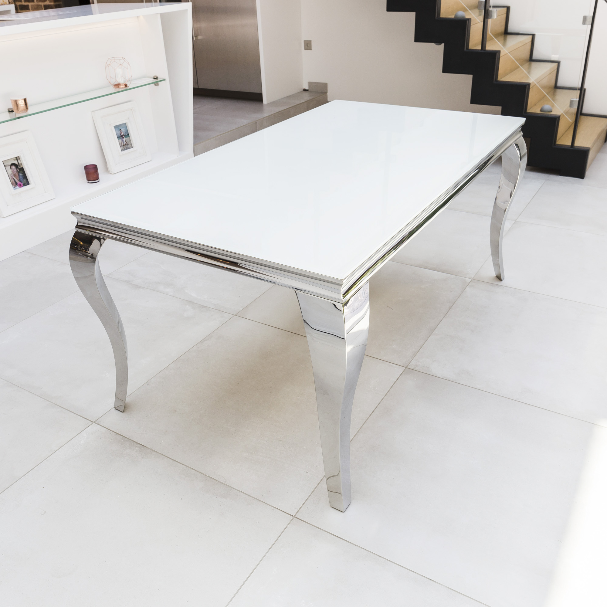 1.8m Louis White Glass Top Dining Table With Polished Stainless Steel Frame