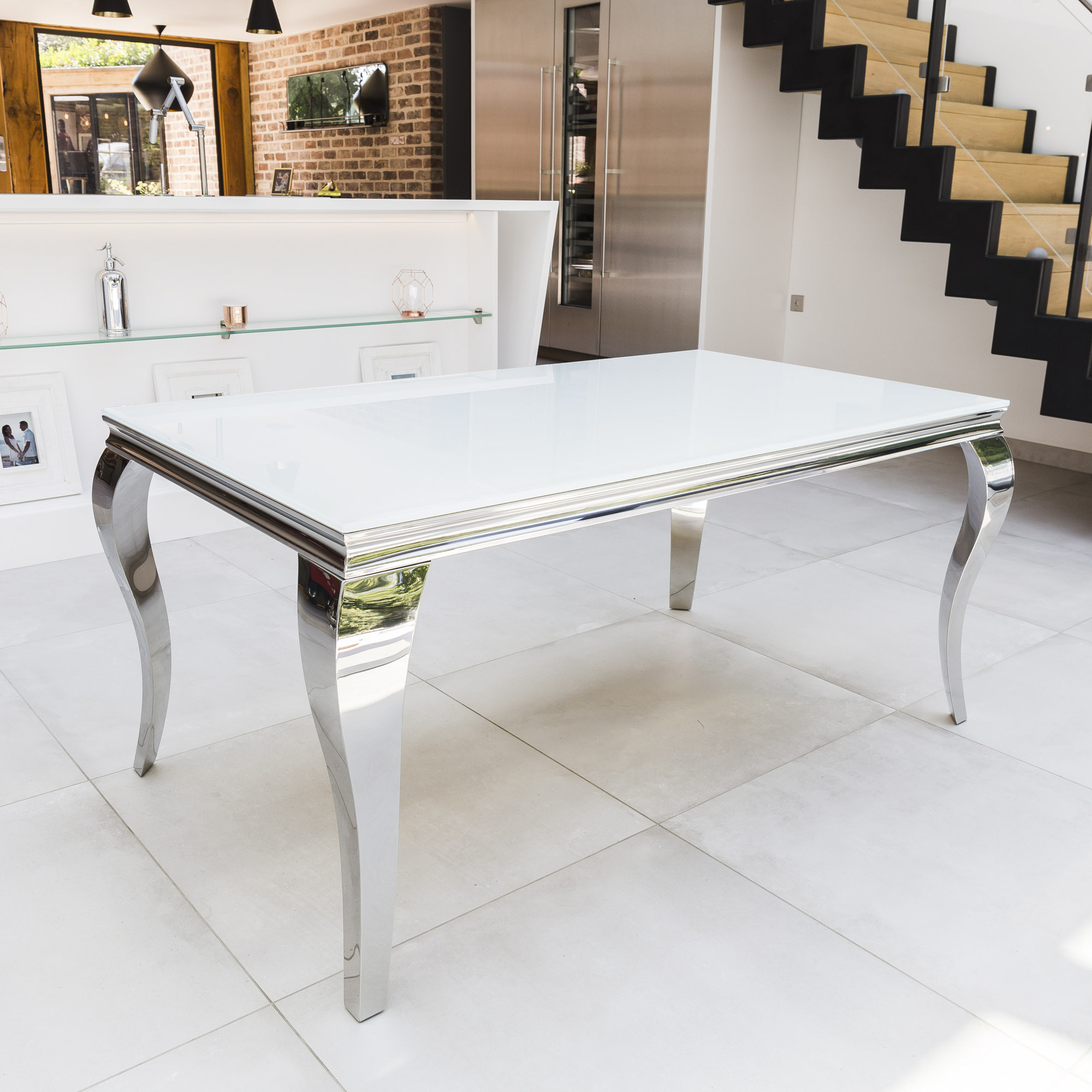 1.8m Louis White Glass Top Dining Table With Polished Stainless Steel Frame