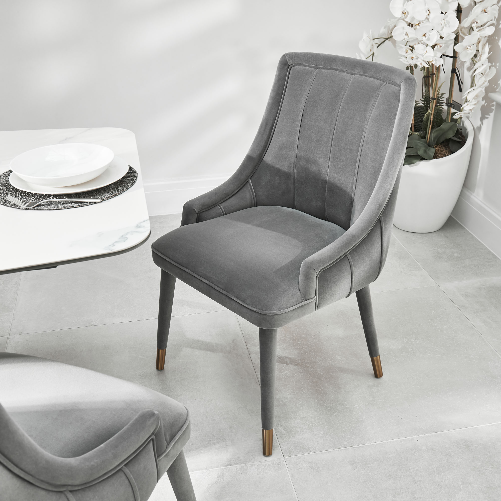 Claude Grey Velvet Ribbed Dining Chair