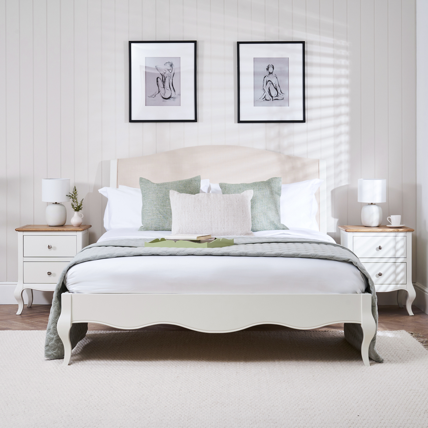 Lille French Chalk White Upholstered Low Foot Board Bed - Double Size