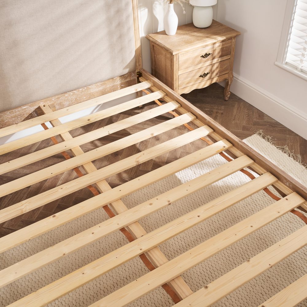 Clementine Whitewash Oak Upholstered Low Foot Board Bed - Super King - Image 9