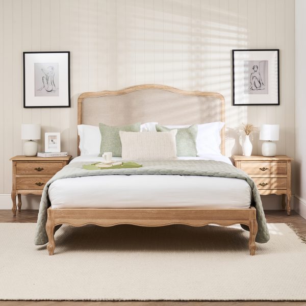 Clementine Whitewash Oak Upholstered Low Foot Board Bed – King