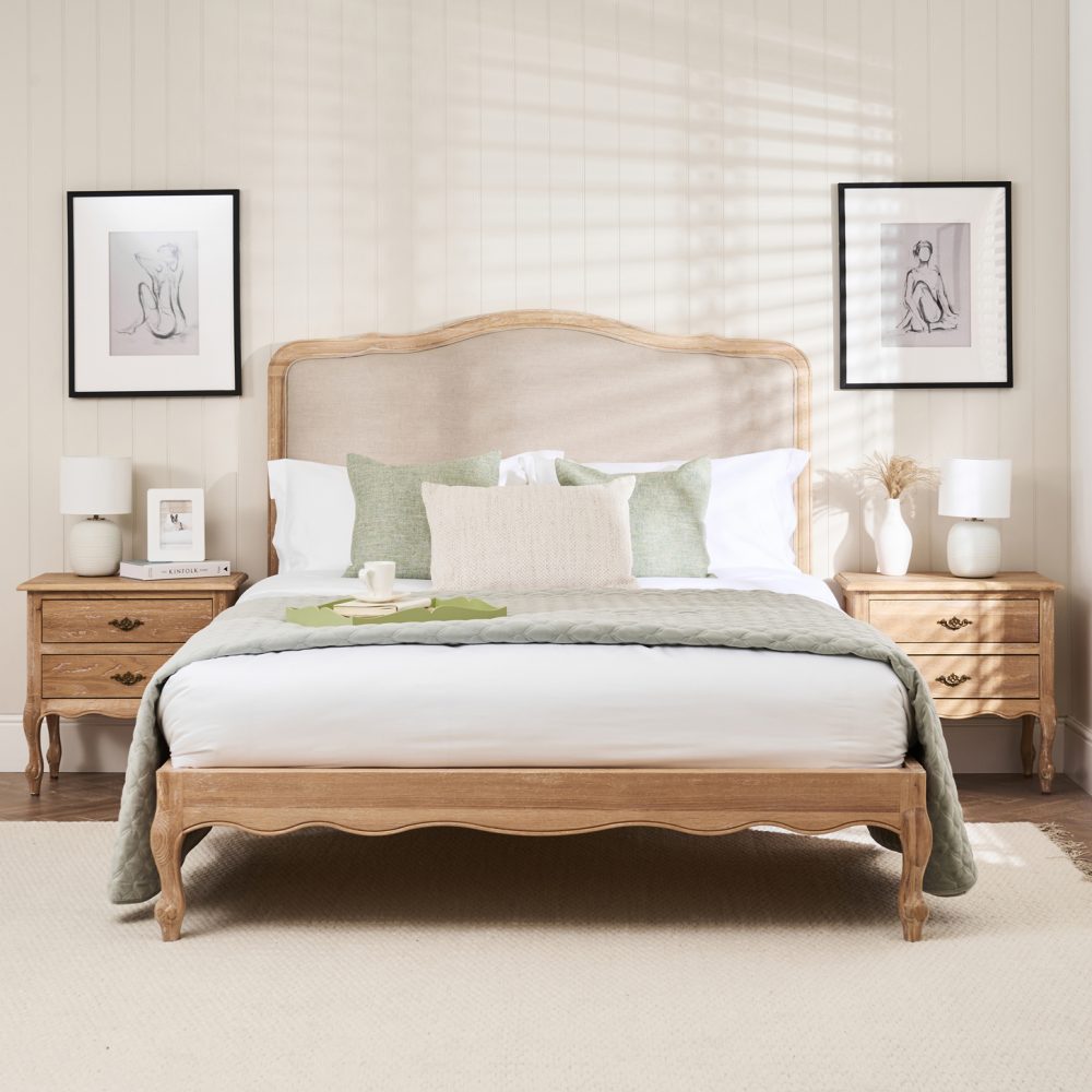 Clementine Whitewash Oak Upholstered Low Foot Board Bed - King
