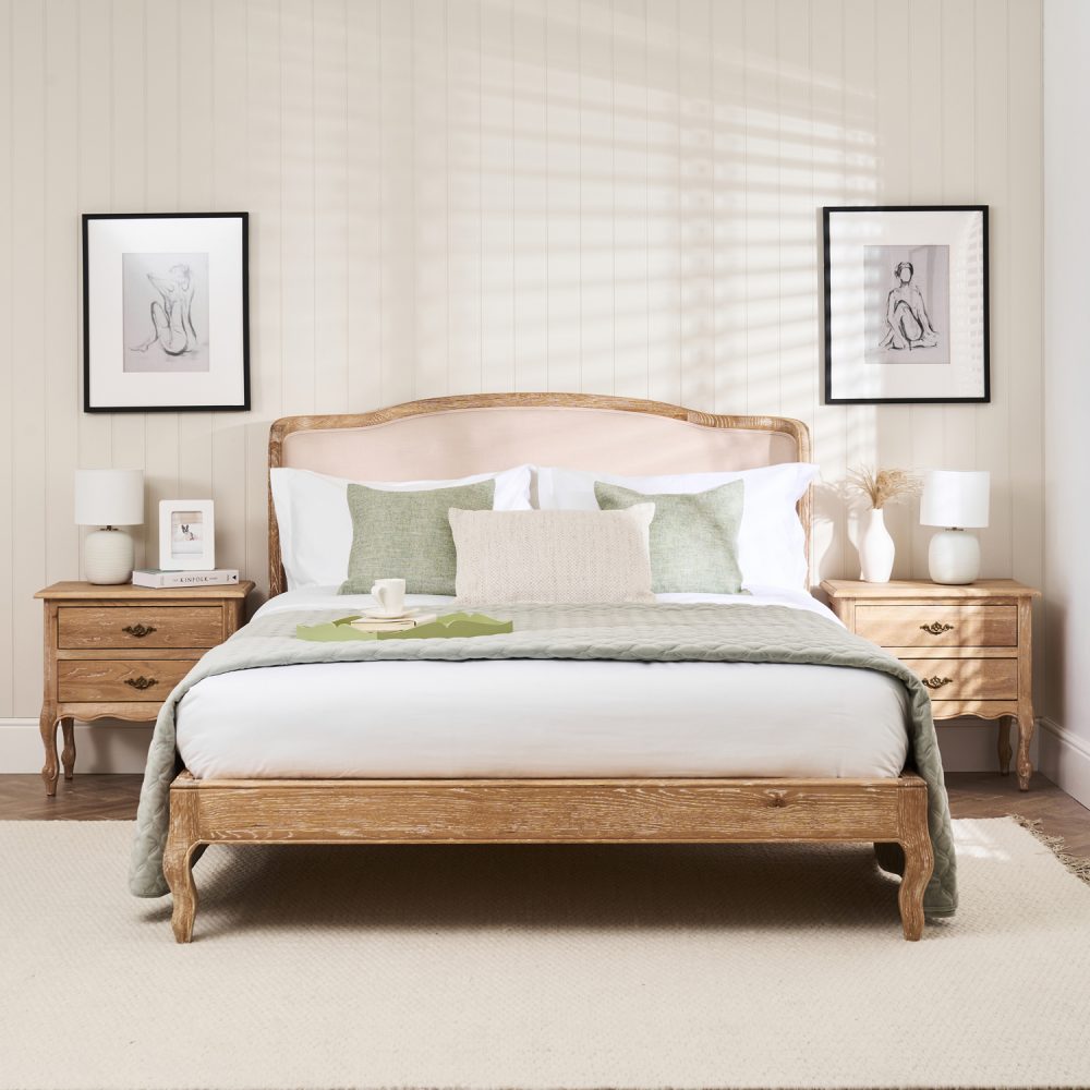 Sophie French Limed Oak Upholstered Curved Low Foot Board Bed - King Size