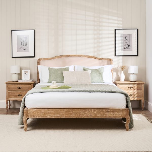 Sophie French Limed Oak Upholstered Curved Low Foot Board Bed – King Size