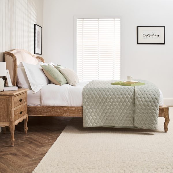 Sophie French Limed Oak Upholstered Curved Low Foot Board Bed – King Size