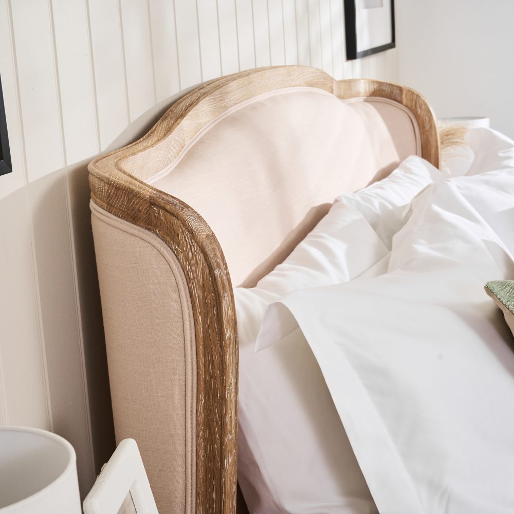 Sophie French Limed Oak Upholstered Curved Low Foot Board Bed - King Size - Image 4