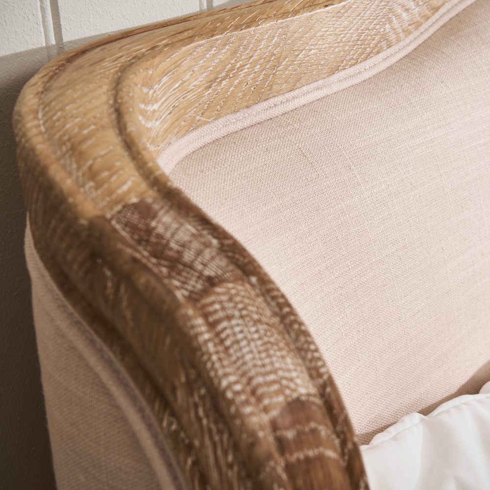 Sophie French Limed Oak Upholstered Curved Low Foot Board Bed - King Size - Image 6