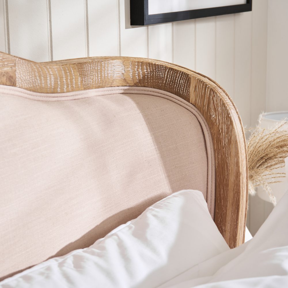 Sophie French Limed Oak Upholstered Curved Low Foot Board Bed - King Size - Image 7