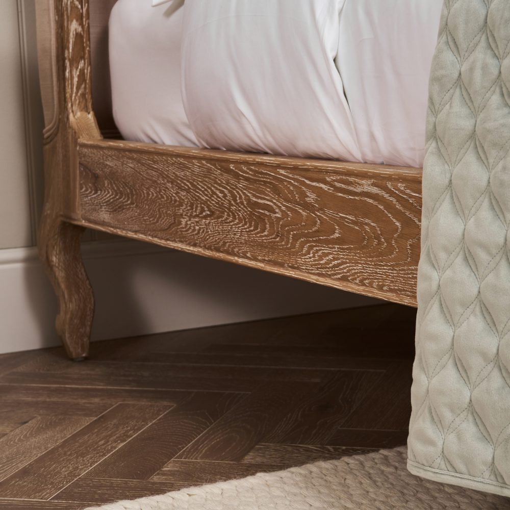 Sophie French Limed Oak Upholstered Curved Low Foot Board Bed - King Size - Image 8