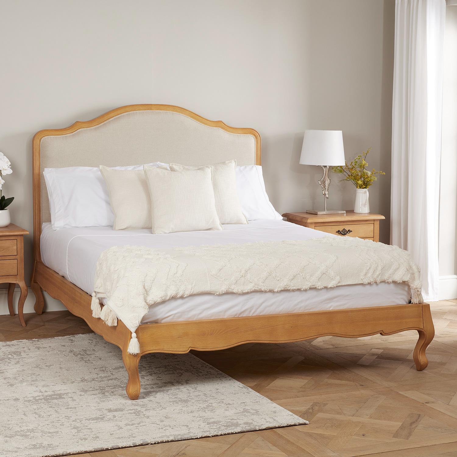Alice French Oak Upholstered Low Foot Board Bed – Super King Size