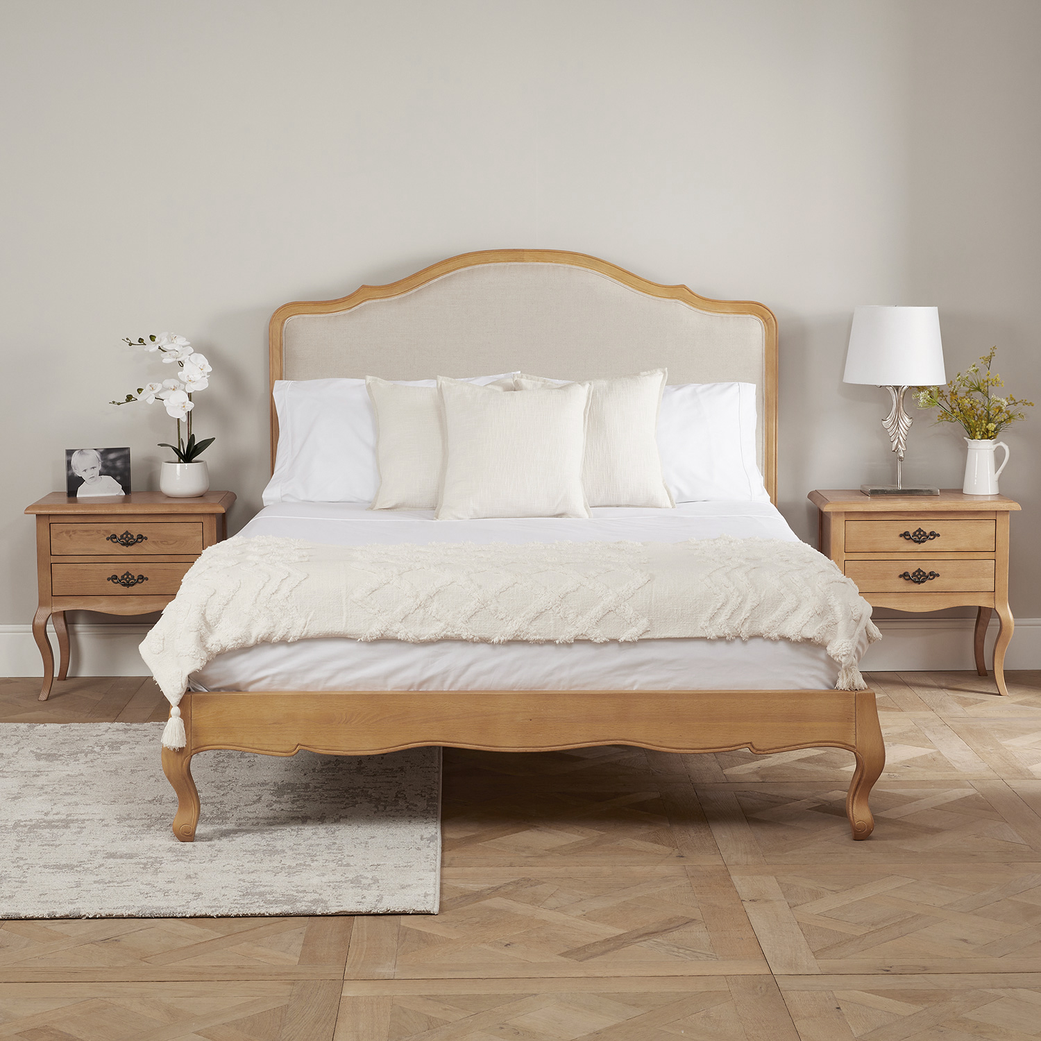 Alice French Light Oak Upholstered Low Foot Board Bed – Super King Size