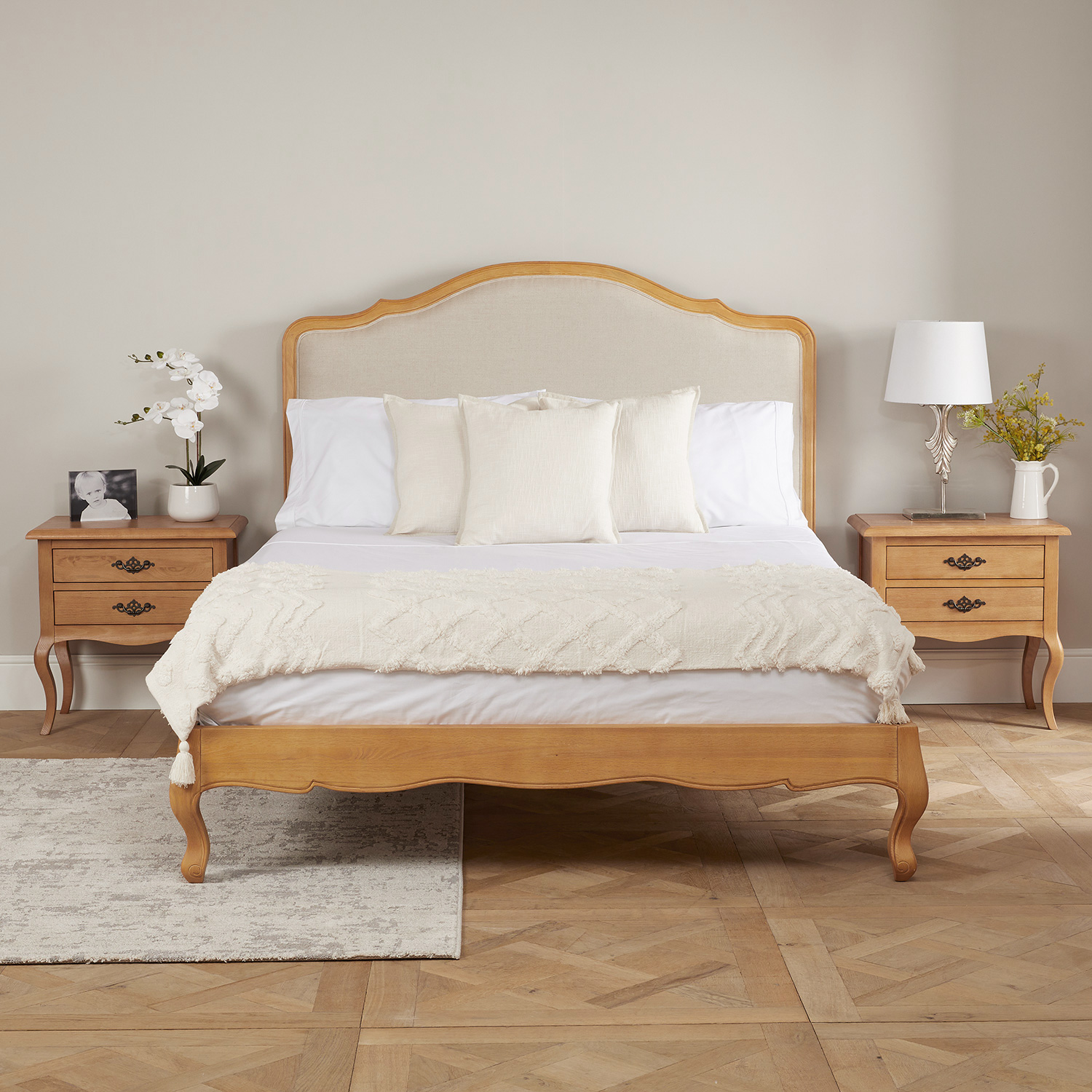 Clearance Price – Alice French Oak Upholstered Low Foot Board Bed – Super King Size