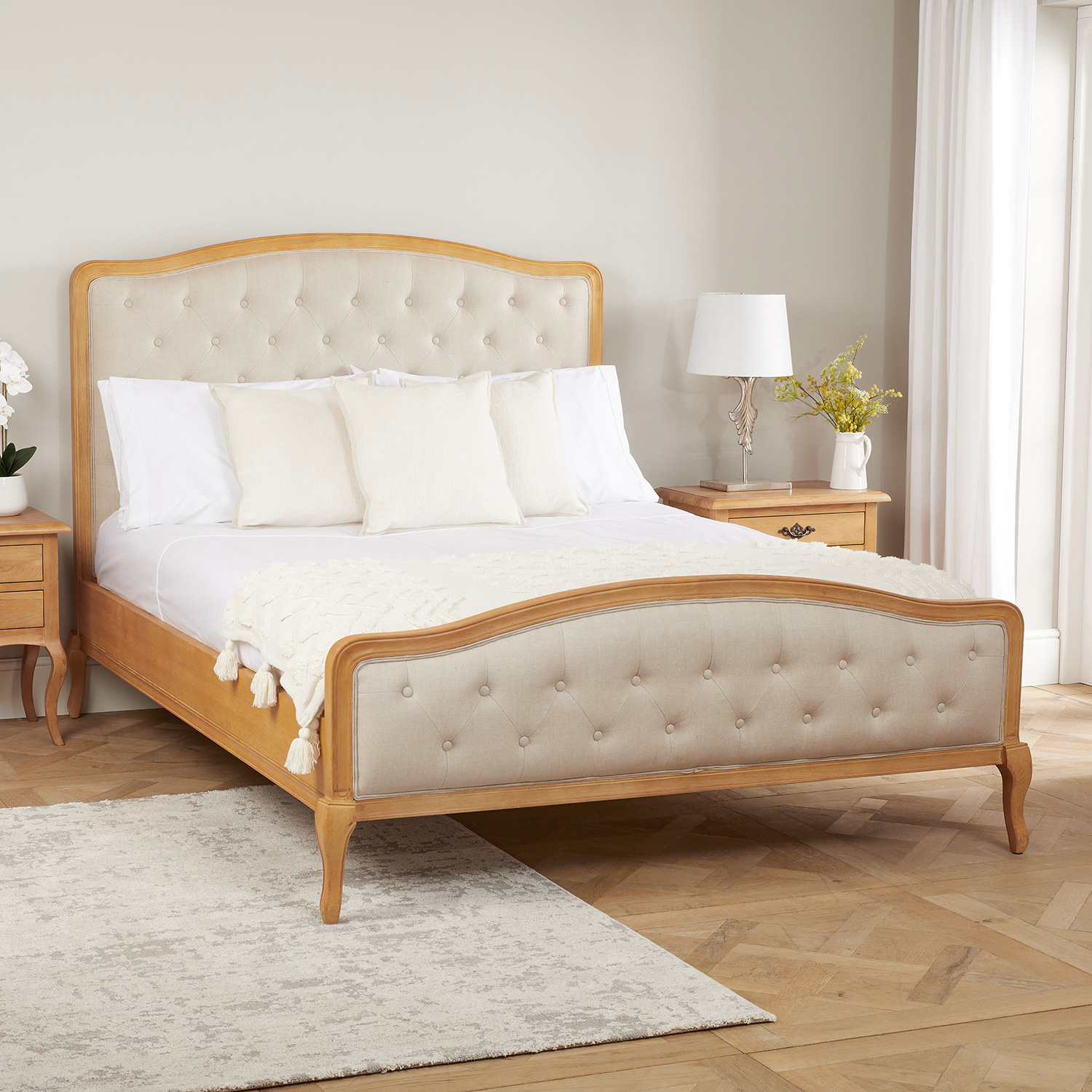Celeste French Oak Buttoned Upholstered High Foot Board Bed – Double Size