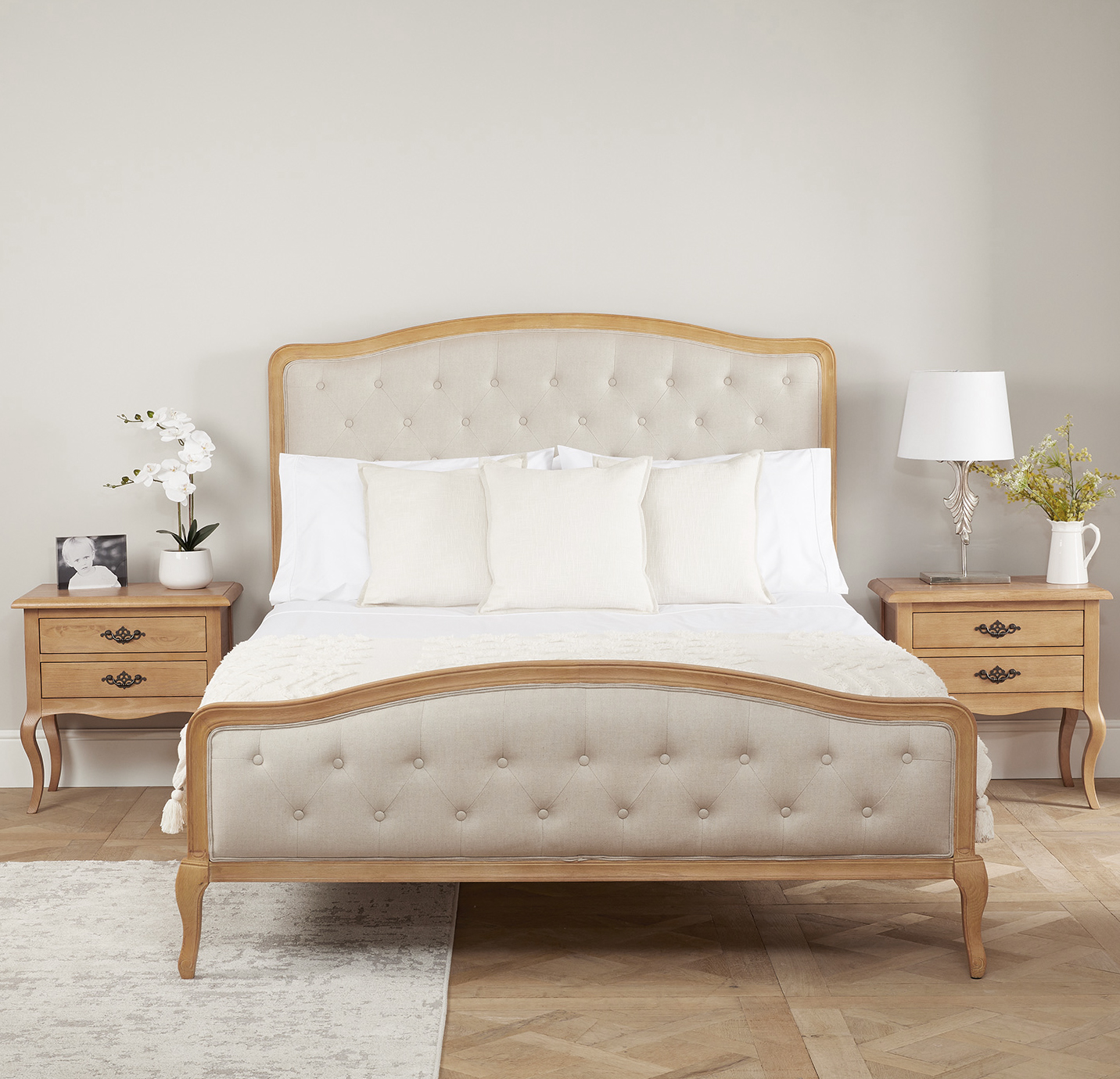 Celeste French Light Oak Buttoned Upholstered High Foot Board Bed – Super King Size