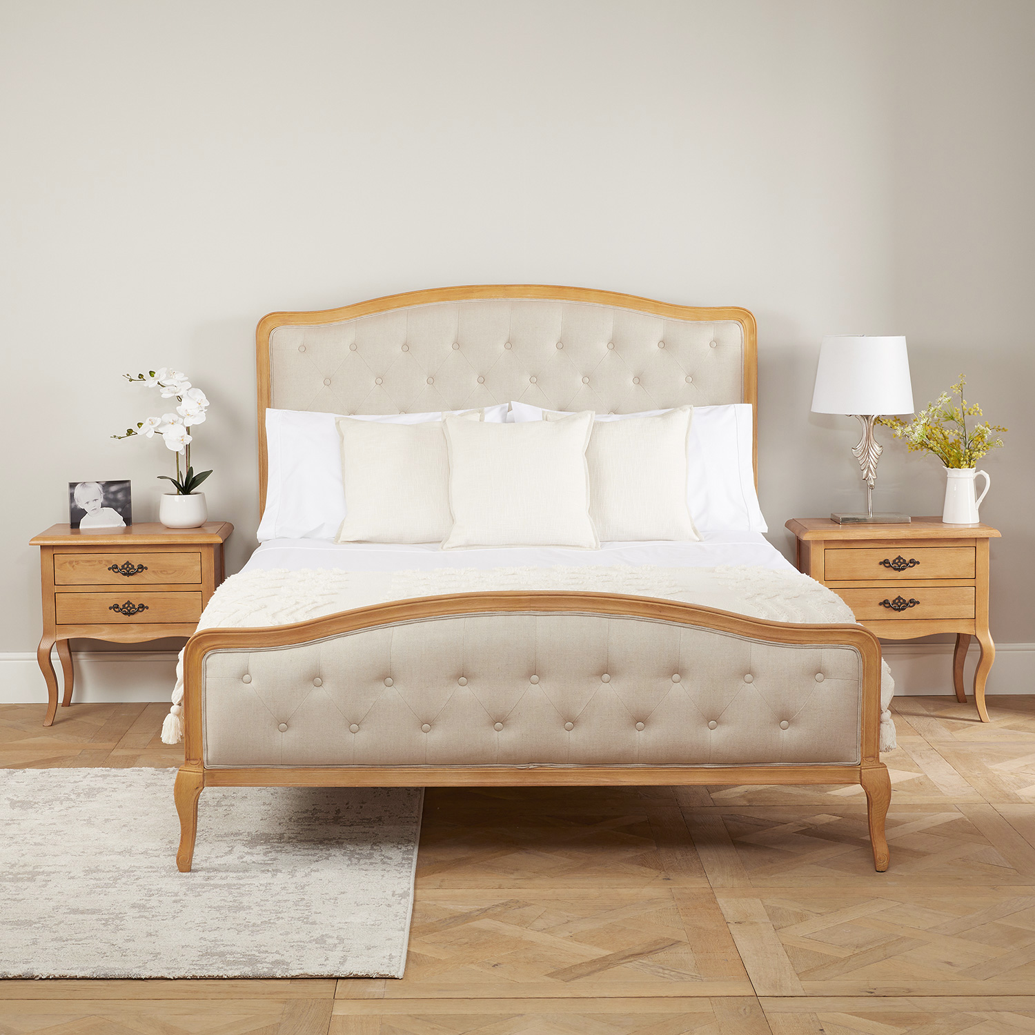 Celeste French Oak Buttoned Upholstered High Foot Board Bed – King Size