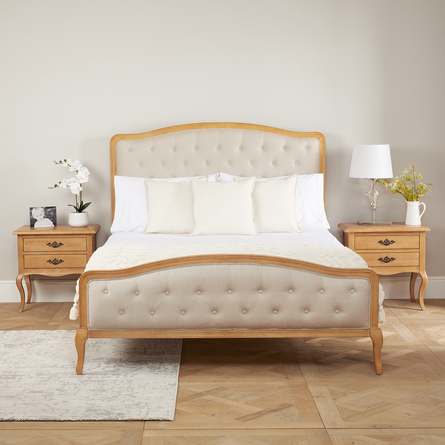 Clearance Price – Celeste French Oak Buttoned Upholstered High Foot Board Bed – King Size