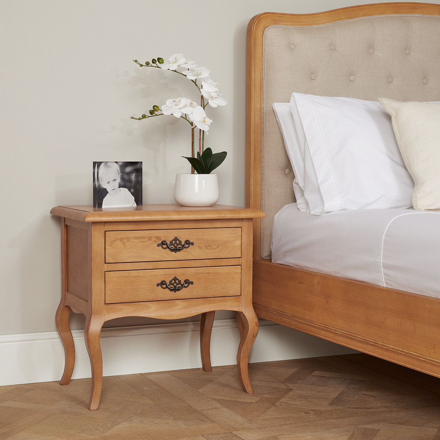 Clearance Price – French Oak Two Drawer Bedside Table