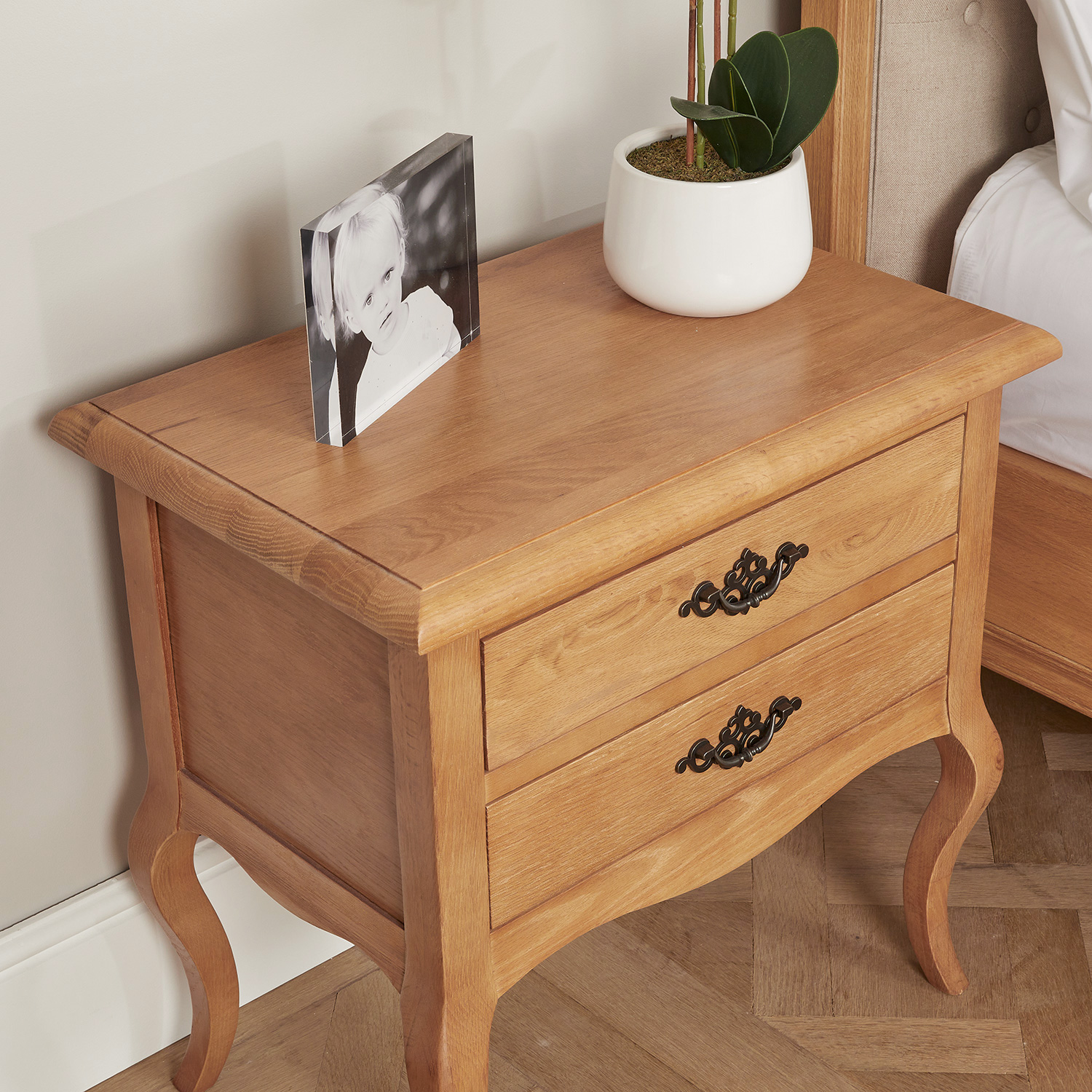 French Oak Two Drawer Bedside Table