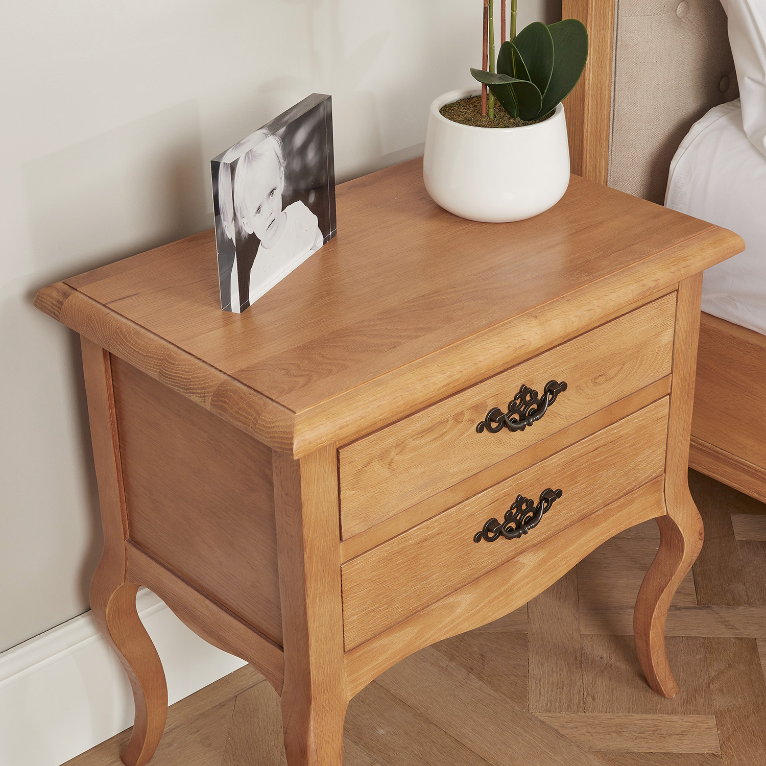 Clearance Price – French Oak Two Drawer Bedside Table