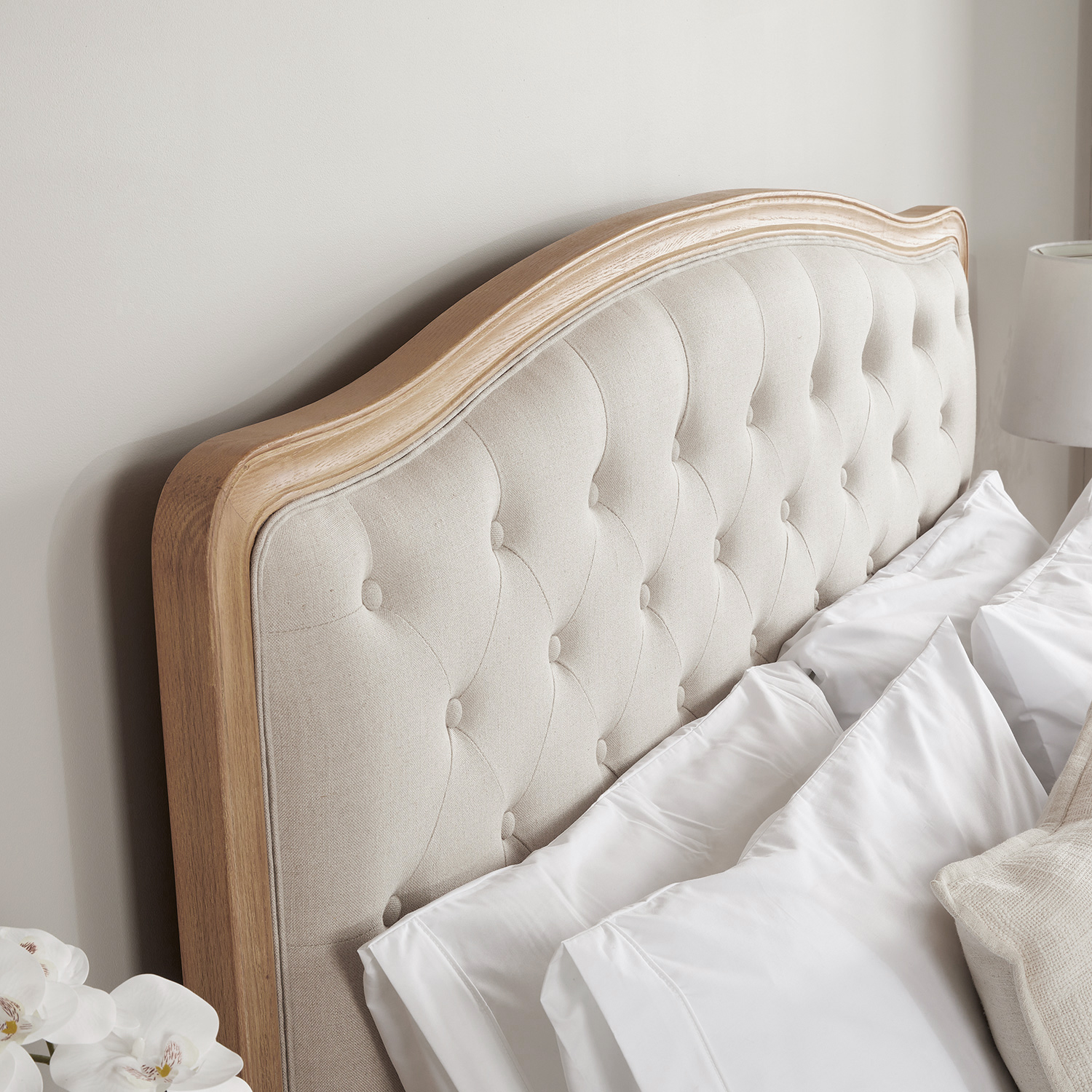 Celeste French Light Oak Buttoned Upholstered High Foot Board Bed – Super King Size