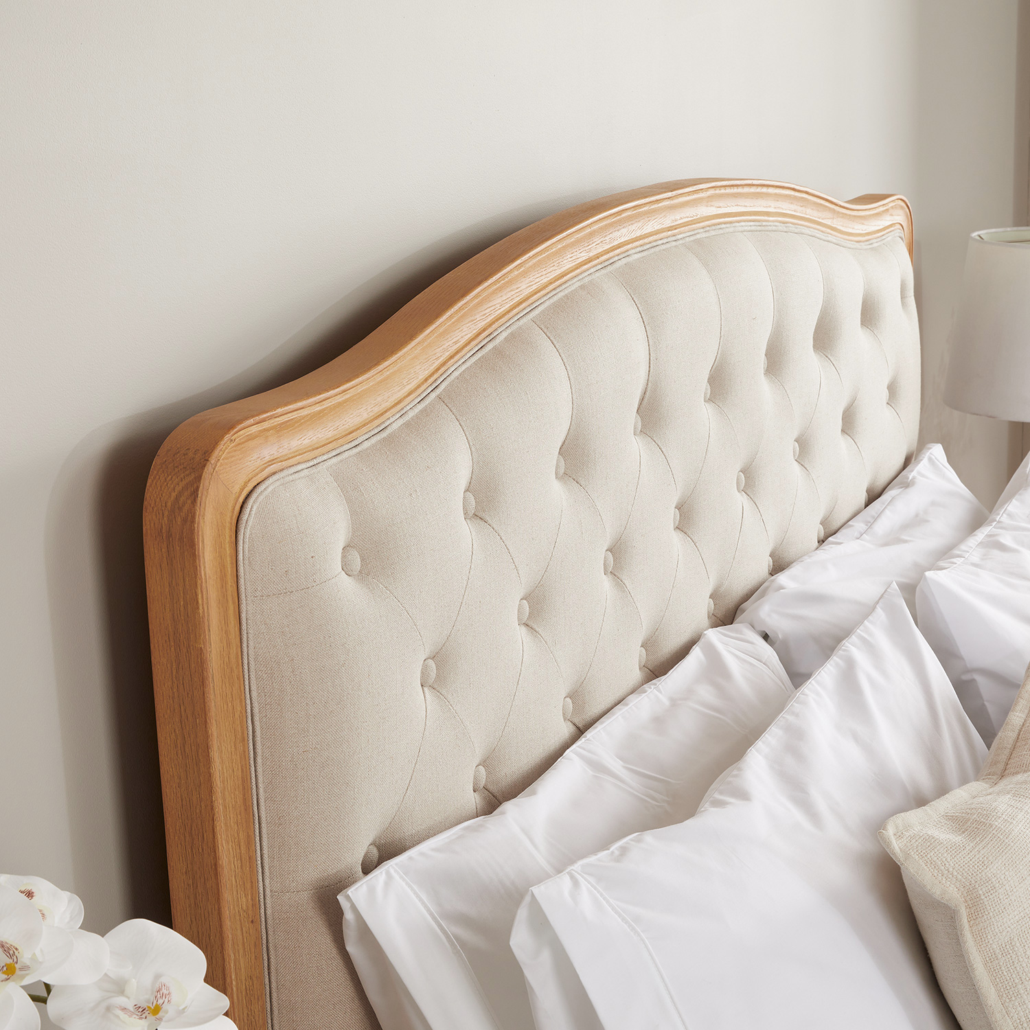 Celeste French Oak Buttoned Upholstered High Foot Board Bed – Super King Size