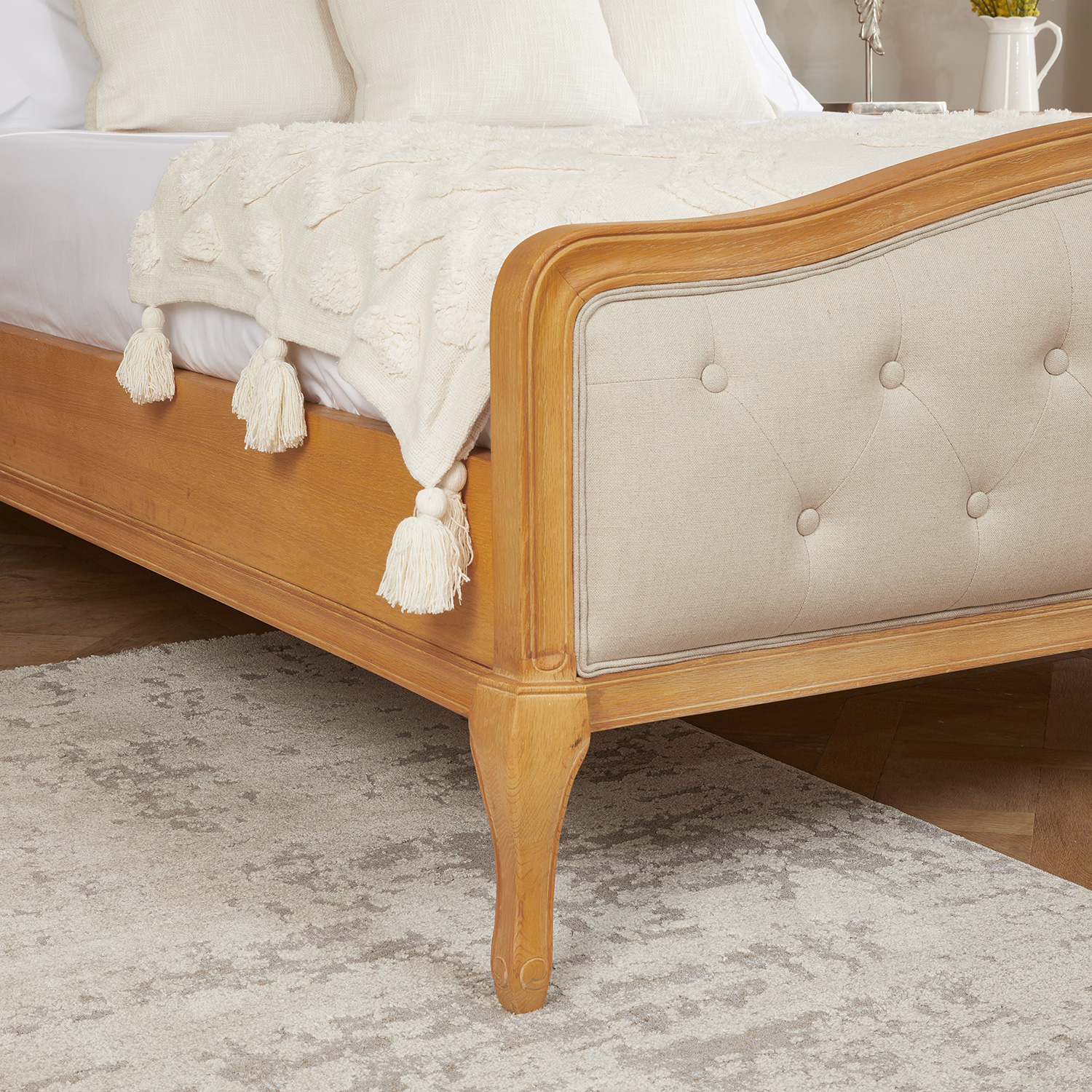 Celeste French Oak Buttoned Upholstered High Foot Board Bed – Super King Size