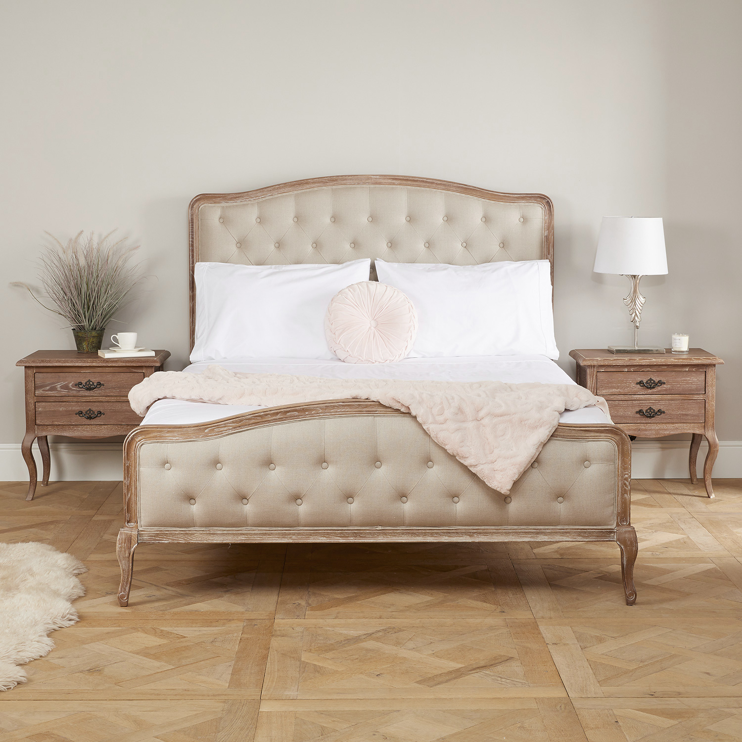 Arielle French Weathered Limed Ash Buttoned Upholstered High Foot Board Bed – King Size