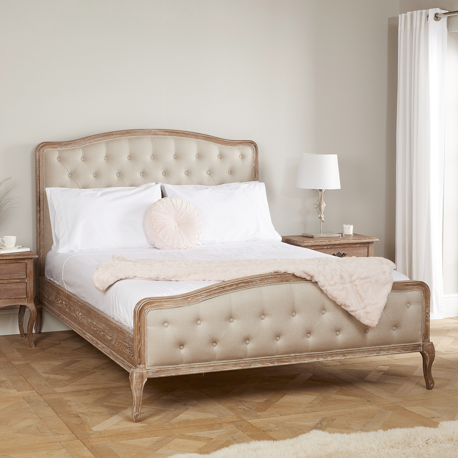 Arielle French Weathered Limed Ash Buttoned Upholstered High Foot Board Bed – King Size