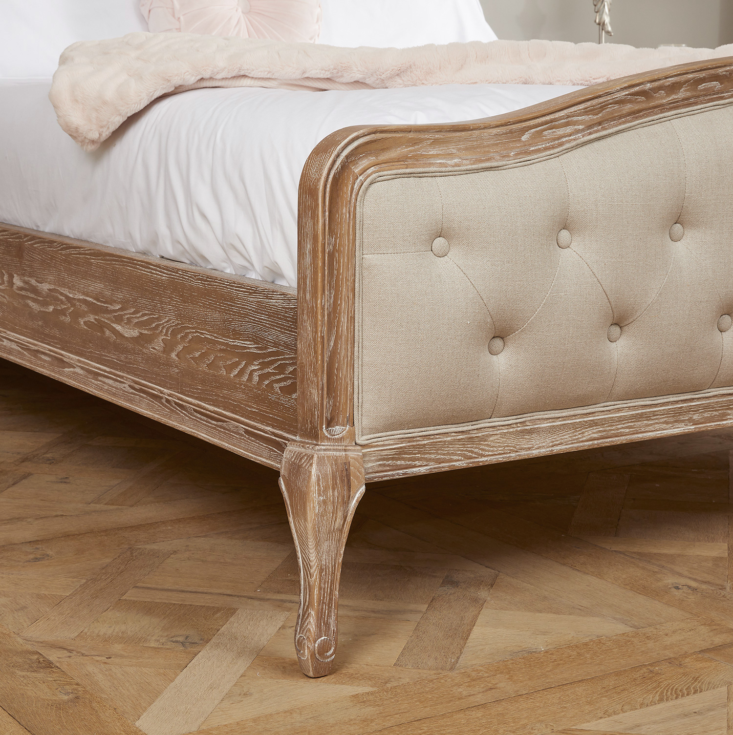 Arielle French Weathered Limed Ash Buttoned Upholstered High Foot Board Bed – Super King Size