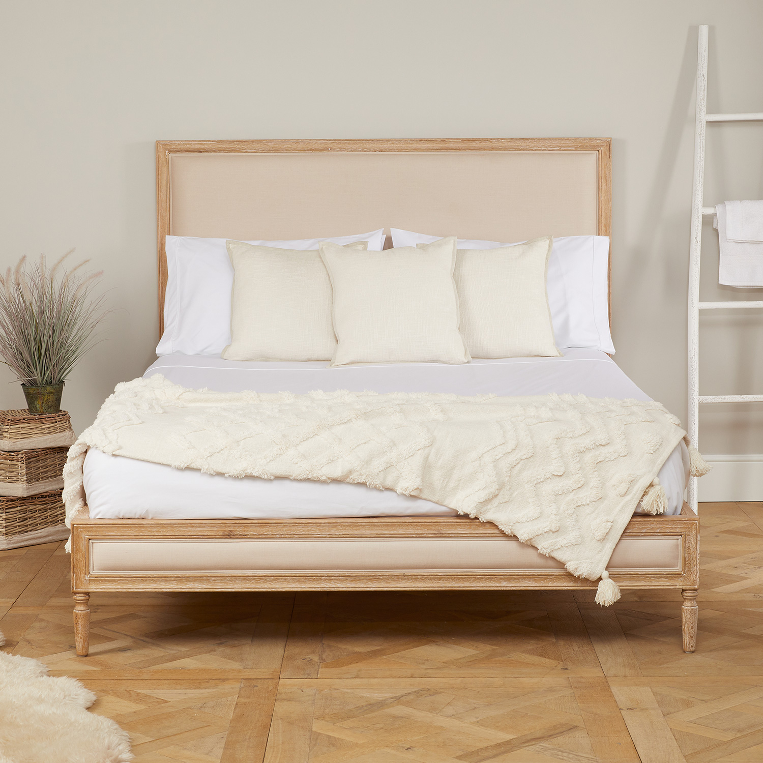 French Whitewash Oak Upholstered Low Foot Board Bed - King