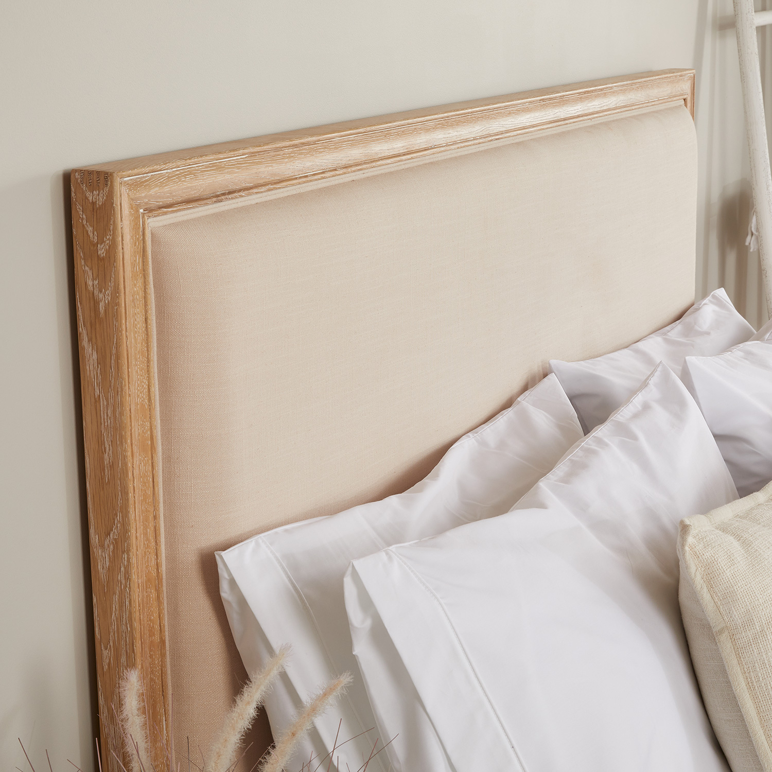 French Whitewash Oak Upholstered Low Foot Board Bed - King - Image 6