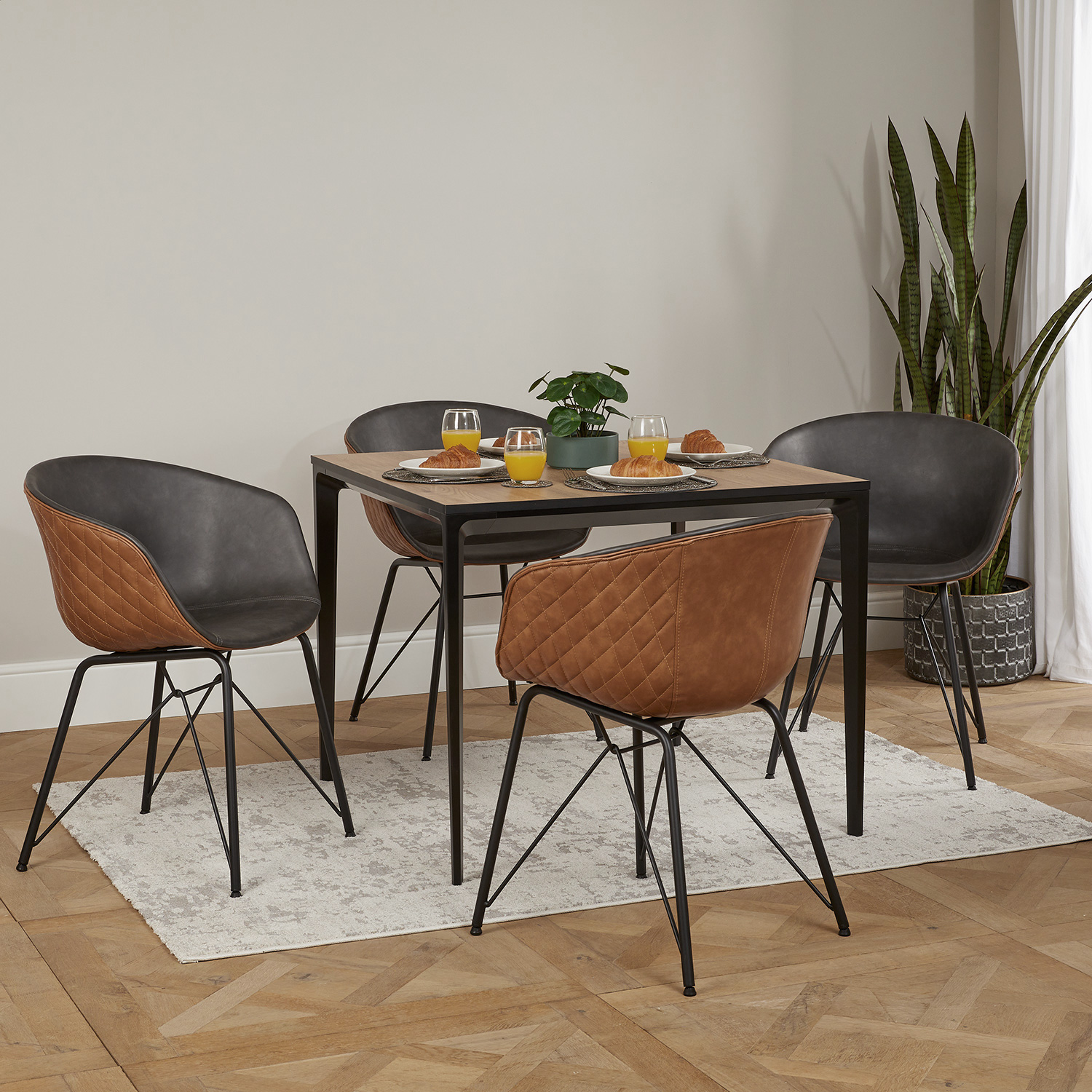 Bellagio 90cm Square Natural Oak Melamine Dining Table Set with 4x Camila Grey/Tan Dining Chairs