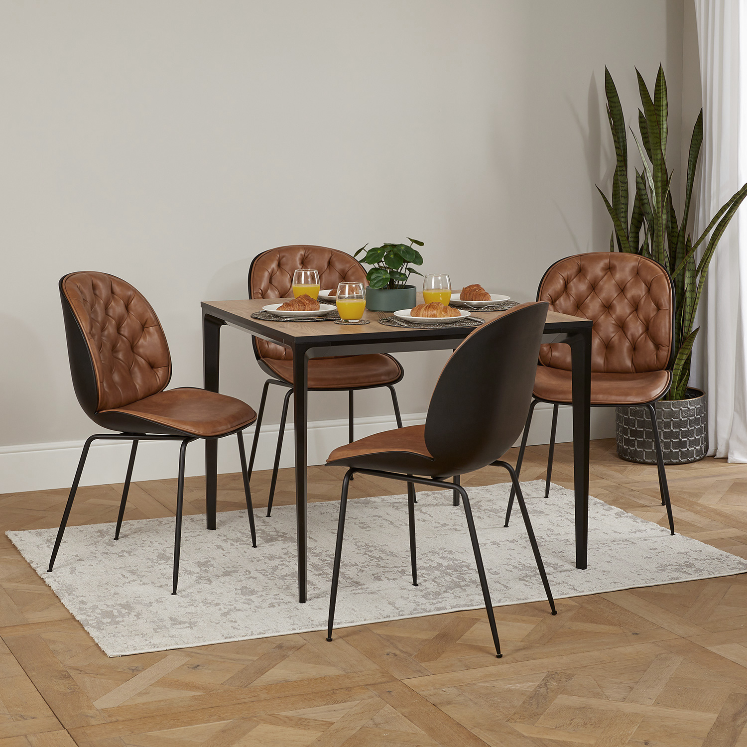 Bellagio 90cm Square Natural Oak Melamine Dining Table Set with 4x Thiago Tan Dining Chairs