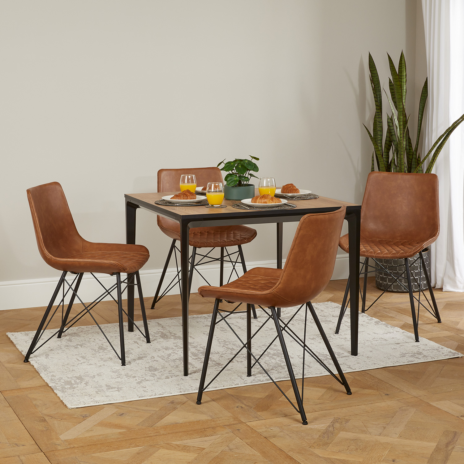 Bellagio 90cm Square Natural Oak Melamine Dining Table Set with 4x Leon Tan Dining Chairs