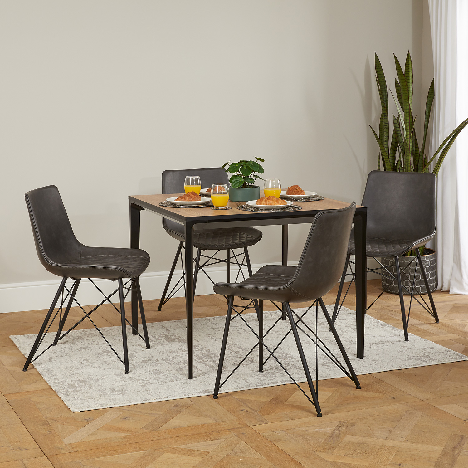 Bellagio 90cm Square Natural Oak Melamine Dining Table Set with 4x Leon Grey Dining Chairs