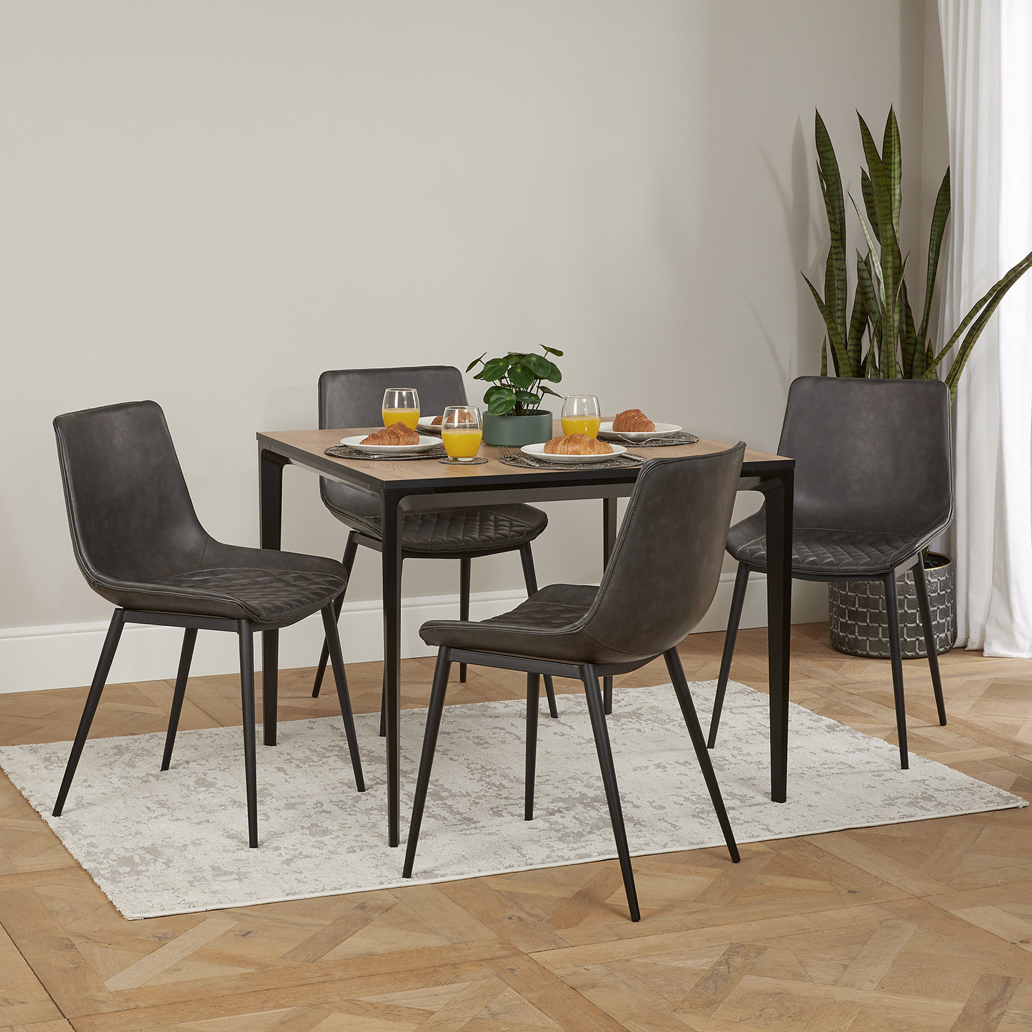 Bellagio 90cm Square Natural Oak Melamine Dining Table with 4x Leo Grey Dining Chairs