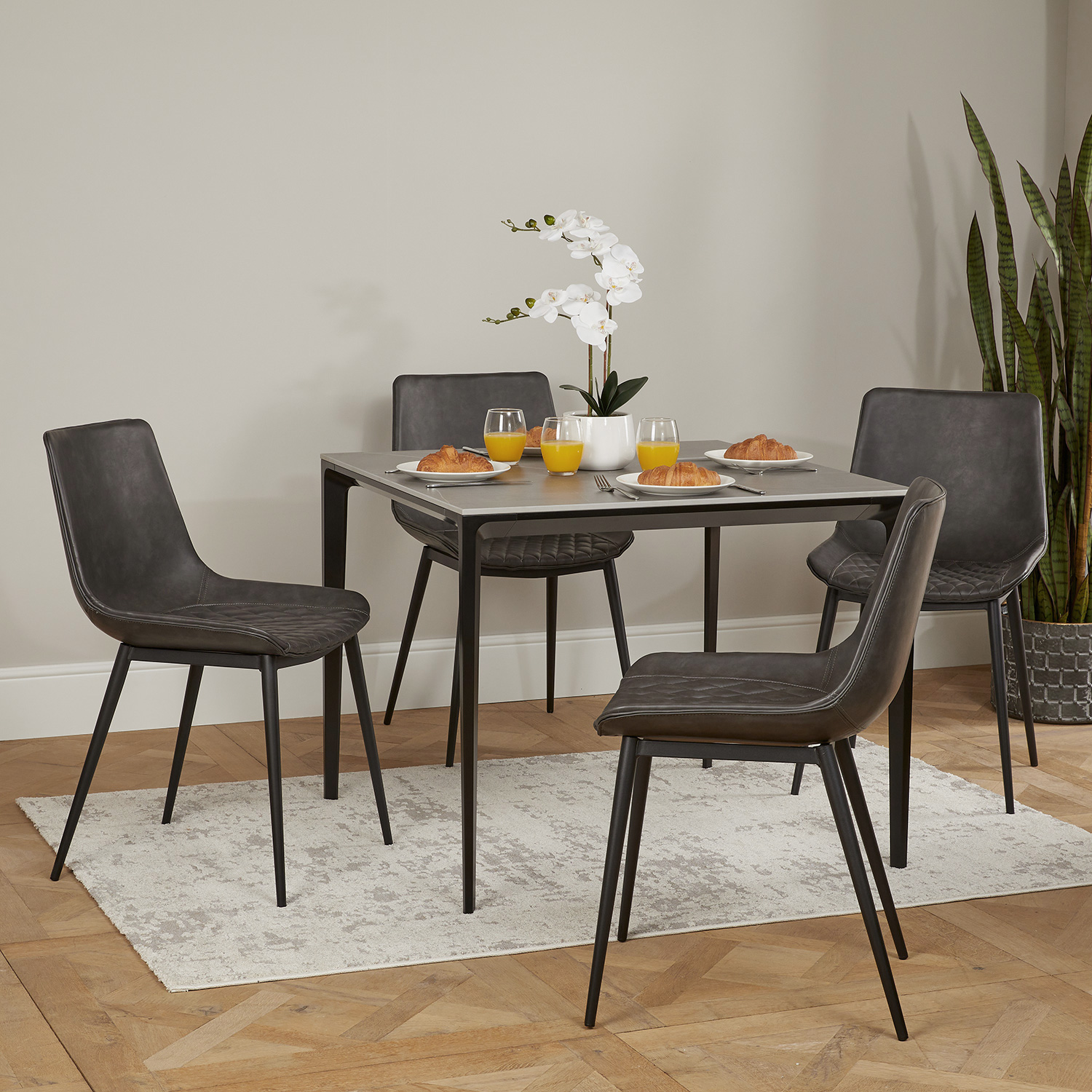 Bellagio 90cm Square Grey Sintered Stone Dining Table with 4 x Leo Grey Dining Chairs