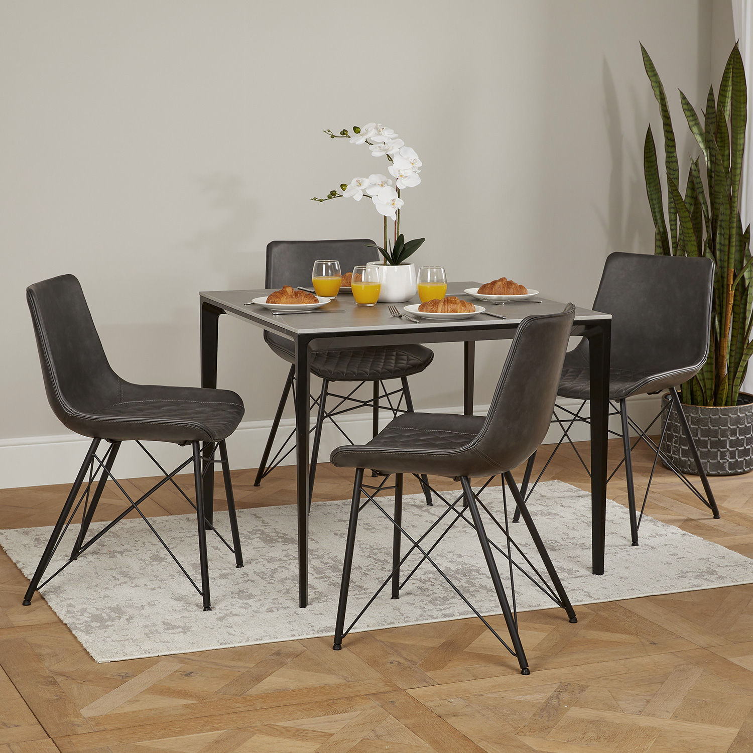 Bellagio 90cm Square Grey Sintered Stone Dining Table Set with 4x Leon Grey Dining Chairs