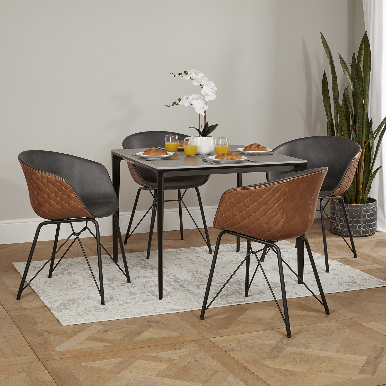 Bellagio 90cm Square Grey Sintered Stone Dining Table Set with 4 x Camila Grey/Tan Dining Chairs