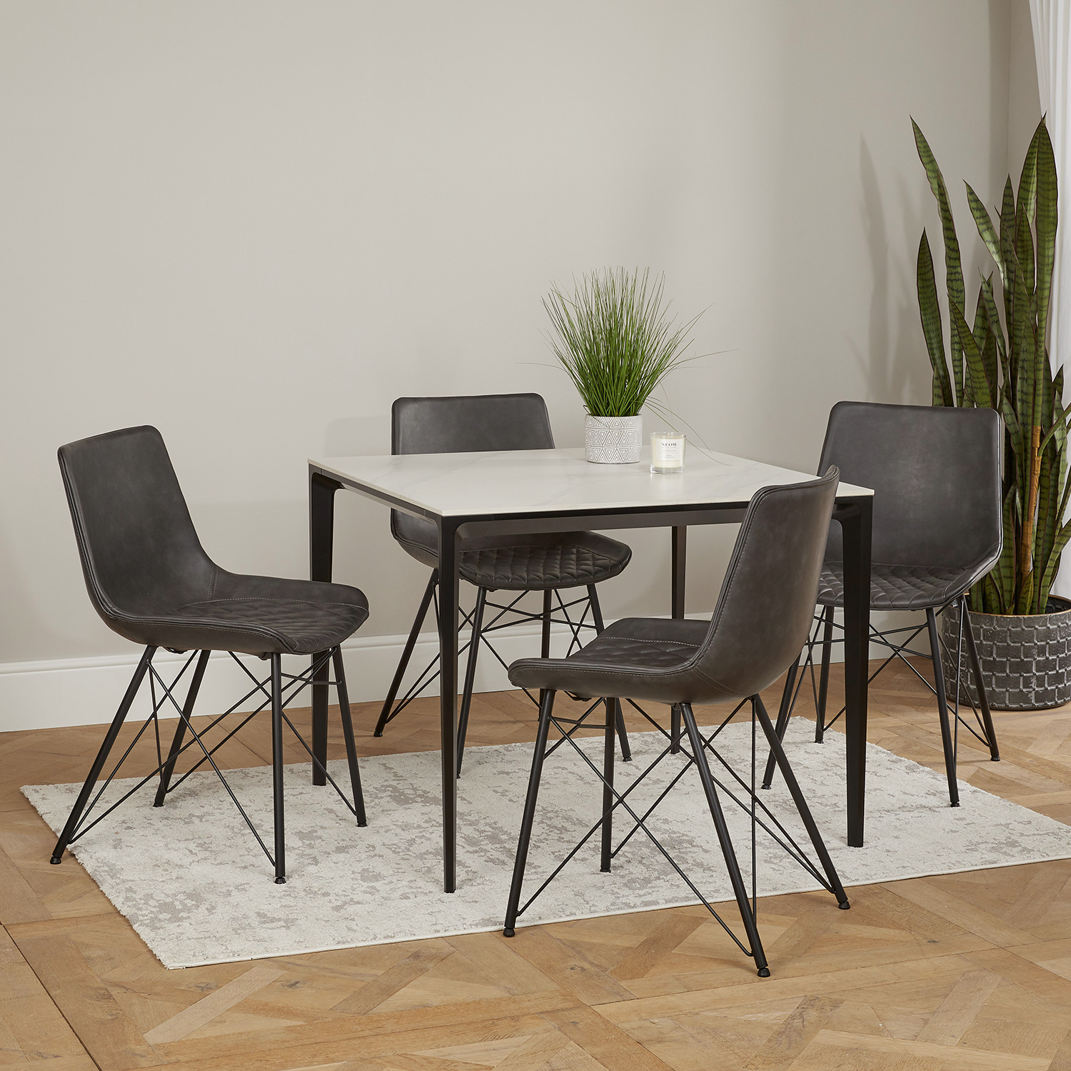 Bellagio 90cm SquareWhite Sintered Stone Dining Table Set with 4 x Leon Grey Dining Chairs